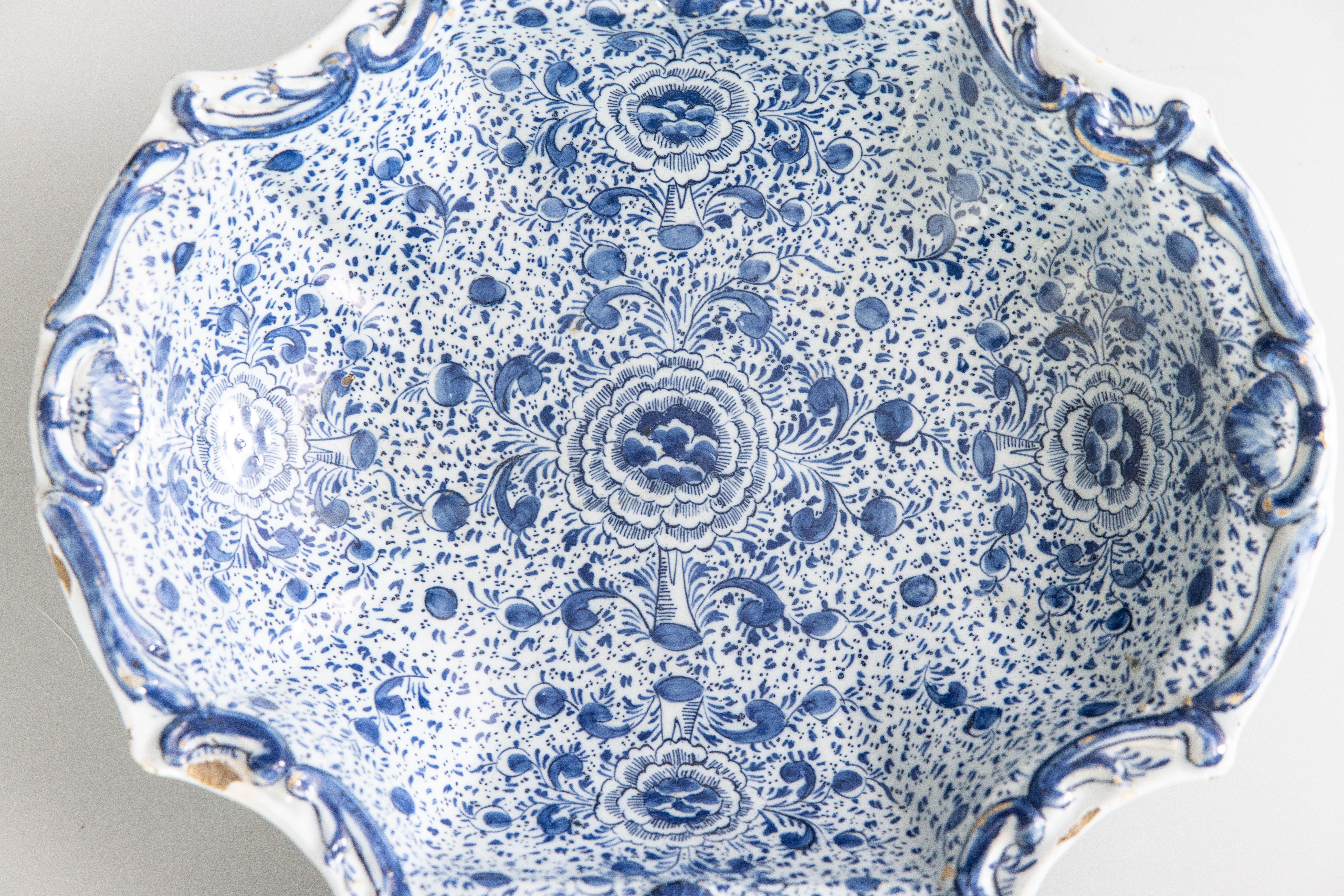Fired Rare 18th Century Dutch Delft Faience Floral Patterned Lobed Dish Bowl For Sale