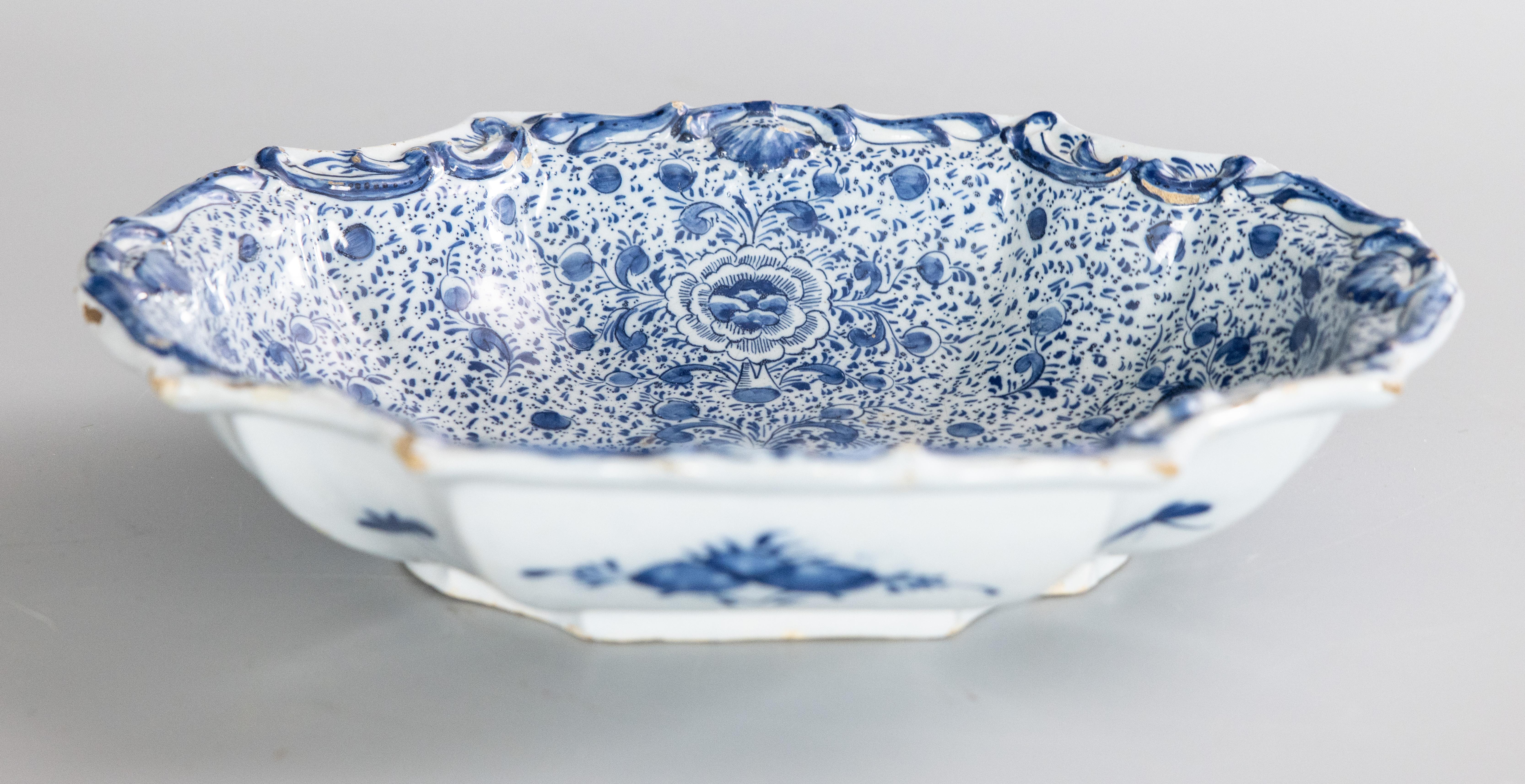 18th Century and Earlier Rare 18th Century Dutch Delft Faience Floral Patterned Lobed Dish Bowl For Sale