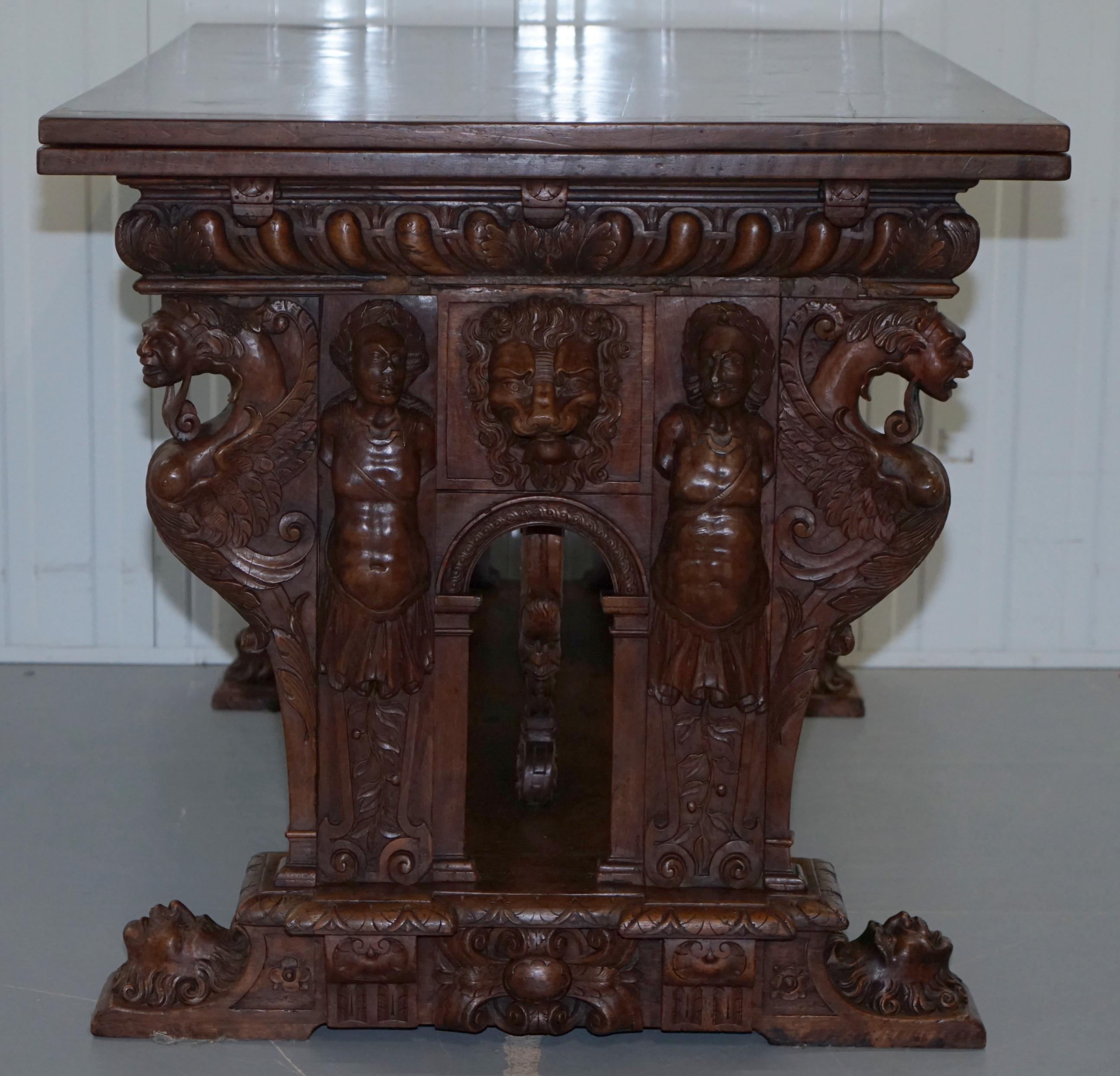 Rare 18th Century French Walnut Renaissance Extending High Table Heavily Carved For Sale 8