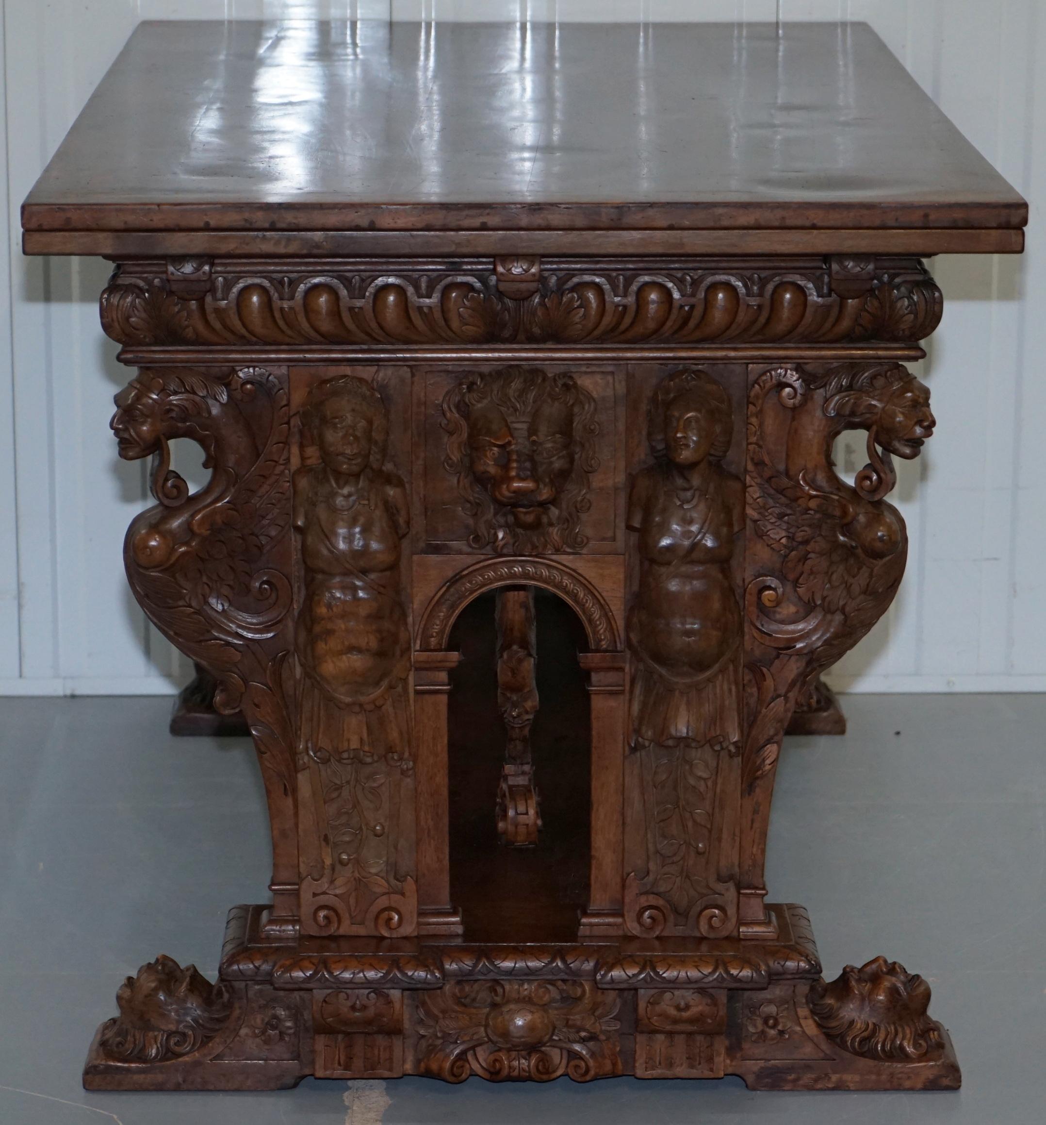 Hand-Carved Rare 18th Century French Walnut Renaissance Extending High Table Heavily Carved For Sale
