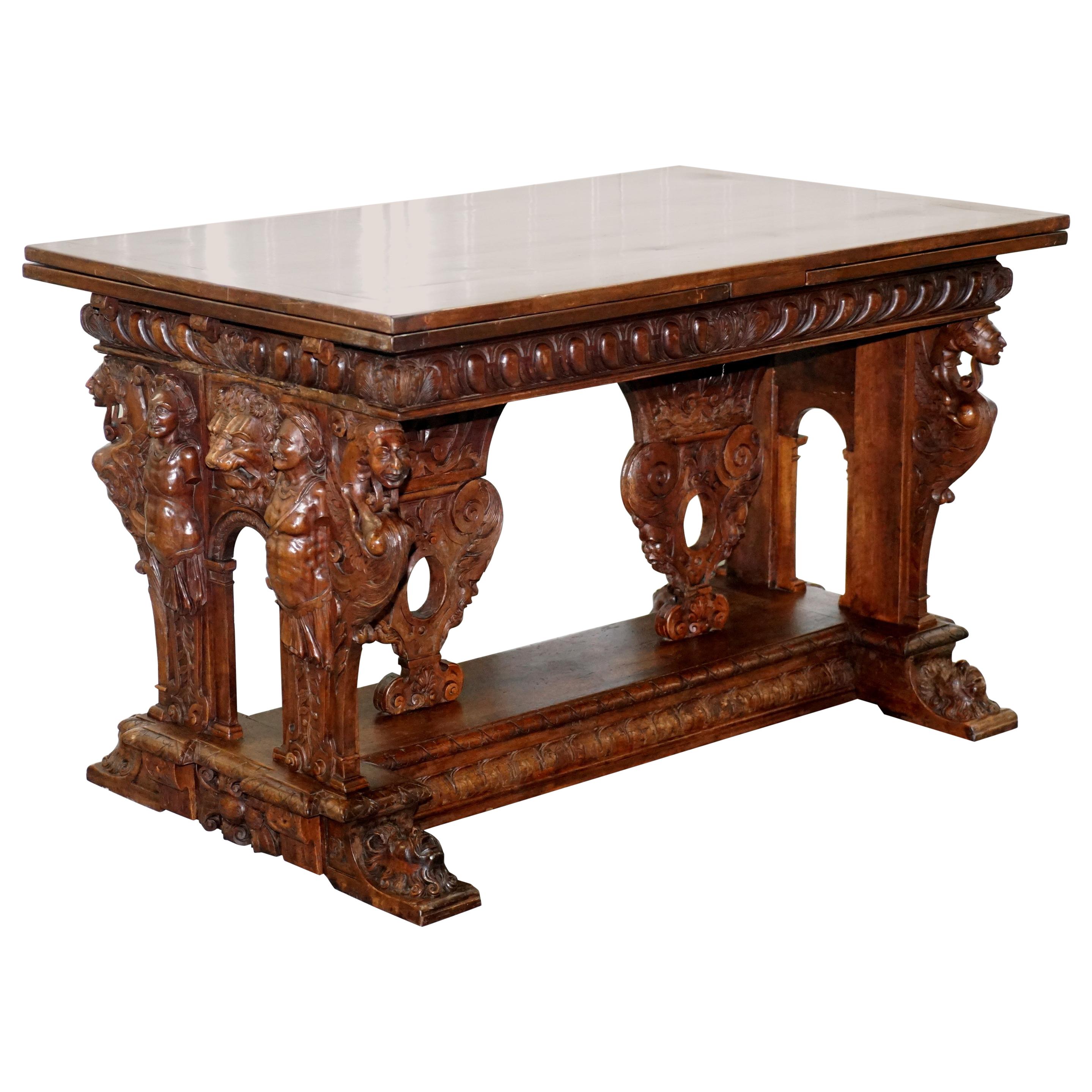 Rare 18th Century French Walnut Renaissance Extending High Table Heavily Carved For Sale