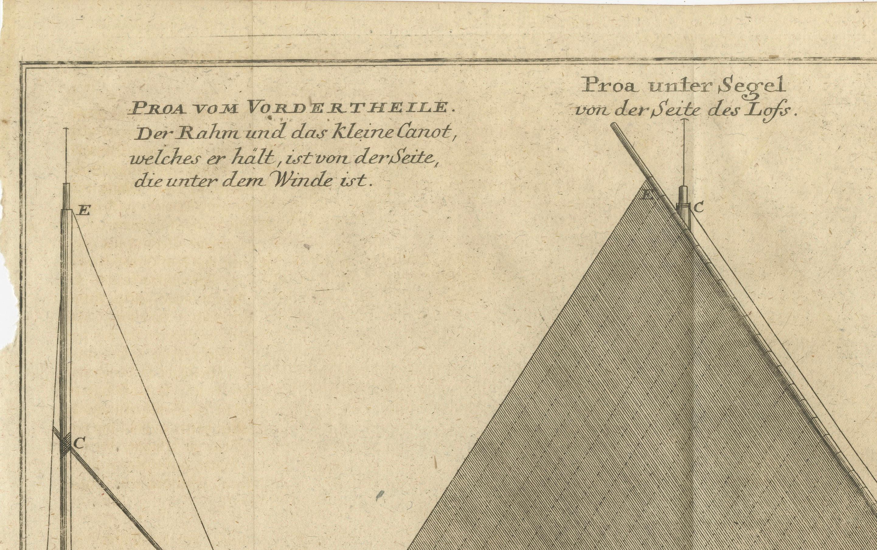 Rare gravure allemande du XVIIIe siècle représentant un canoë à voile Proa, vers 1780  

Cette gravure finement détaillée du XVIIIe siècle offre une représentation technique d'un proa traditionnel, un type de canoë à voile originaire des îles du
