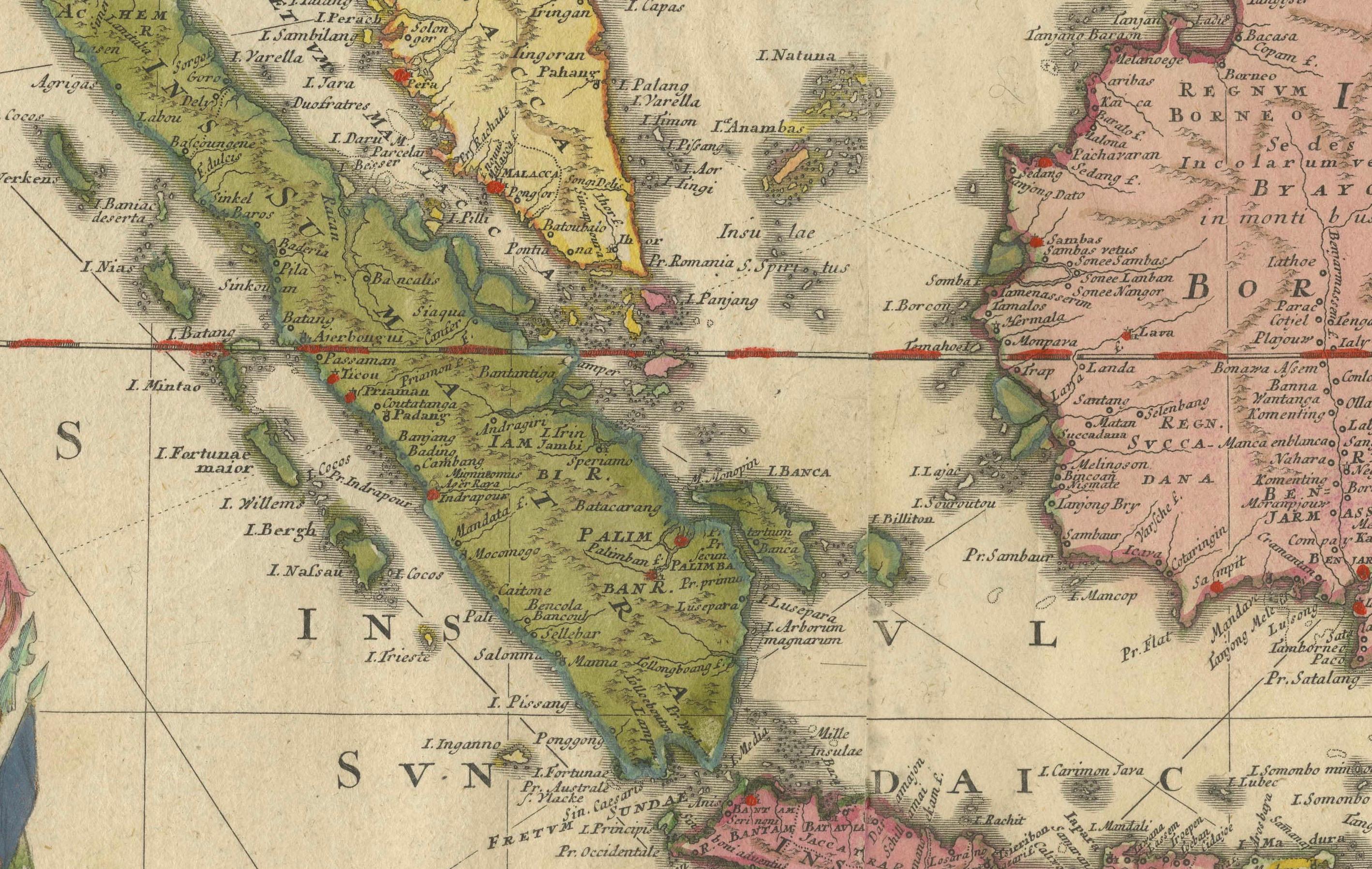 Engraved Rare 18th-Century Hand-Colored Map of Southeast Asia and the East Indies, 1748 For Sale