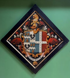 Seltenes heraldisches Ölgemälde auf Holztafel aus dem 18. Jahrhundert, das als Grabtafel diente