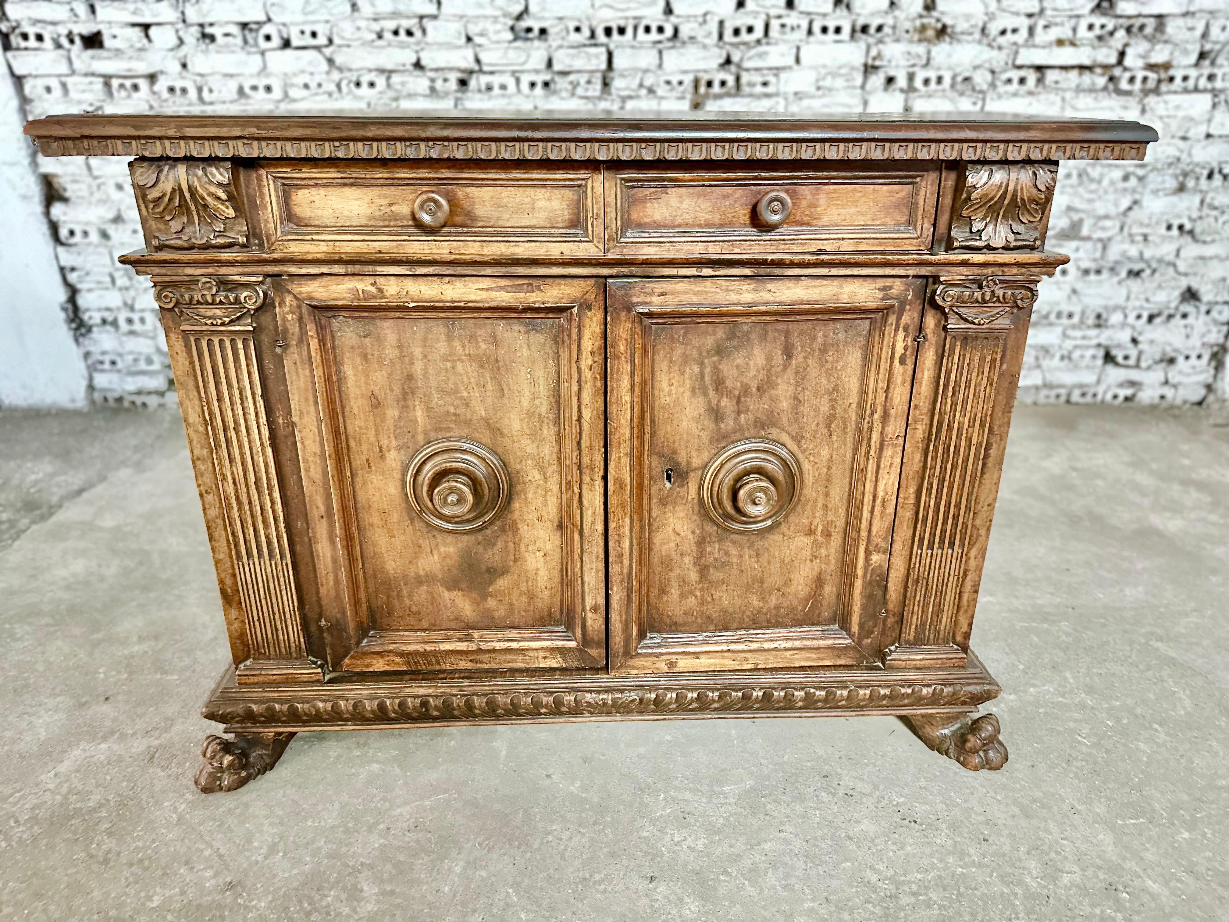 Renaissance Rare 18th Century Italian Walnut Hall Console Cabinet or Sideboard