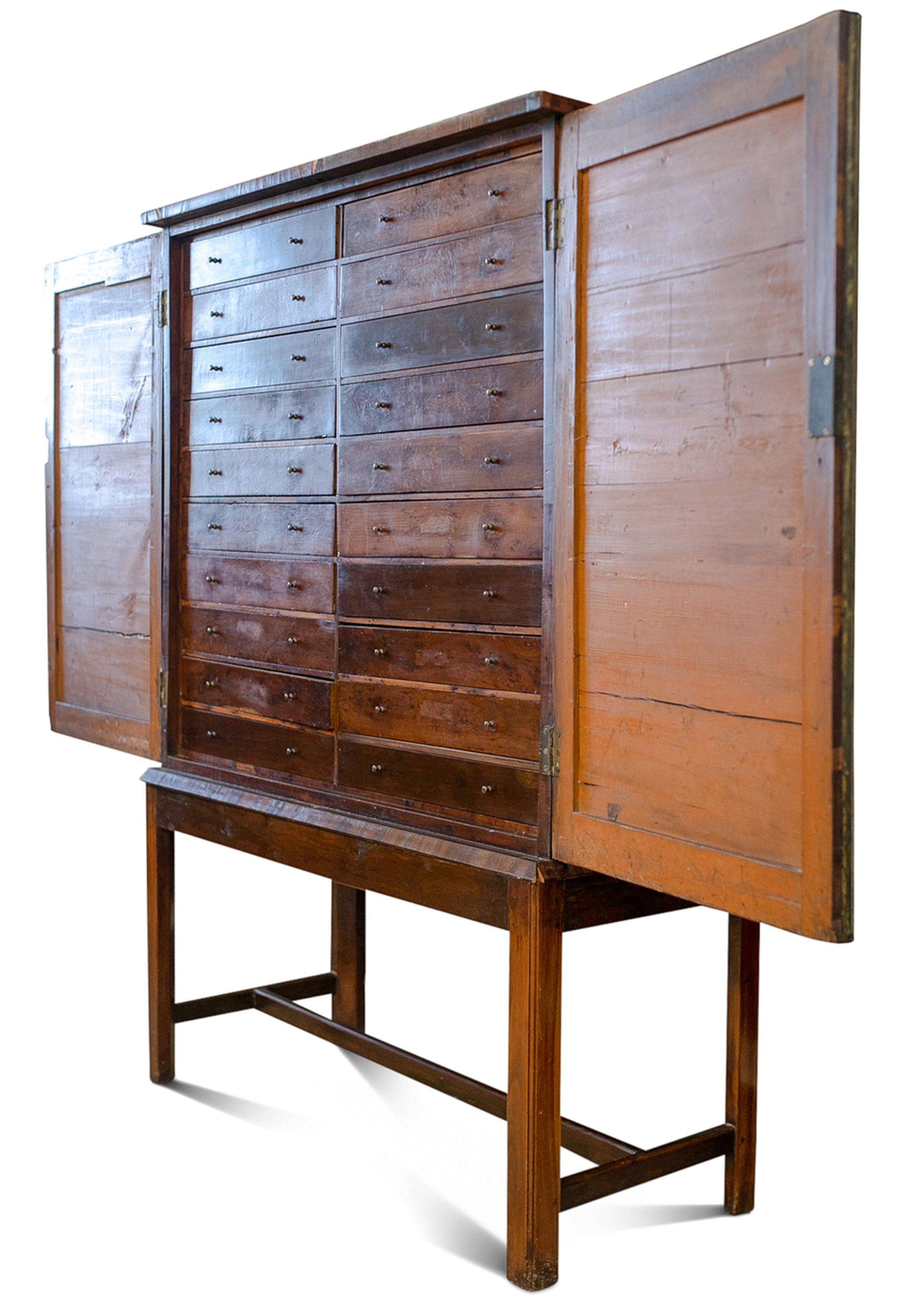 British Rare 18th Century Library Yew Wood Specimen Collectors Cabinet Chest on Stand For Sale