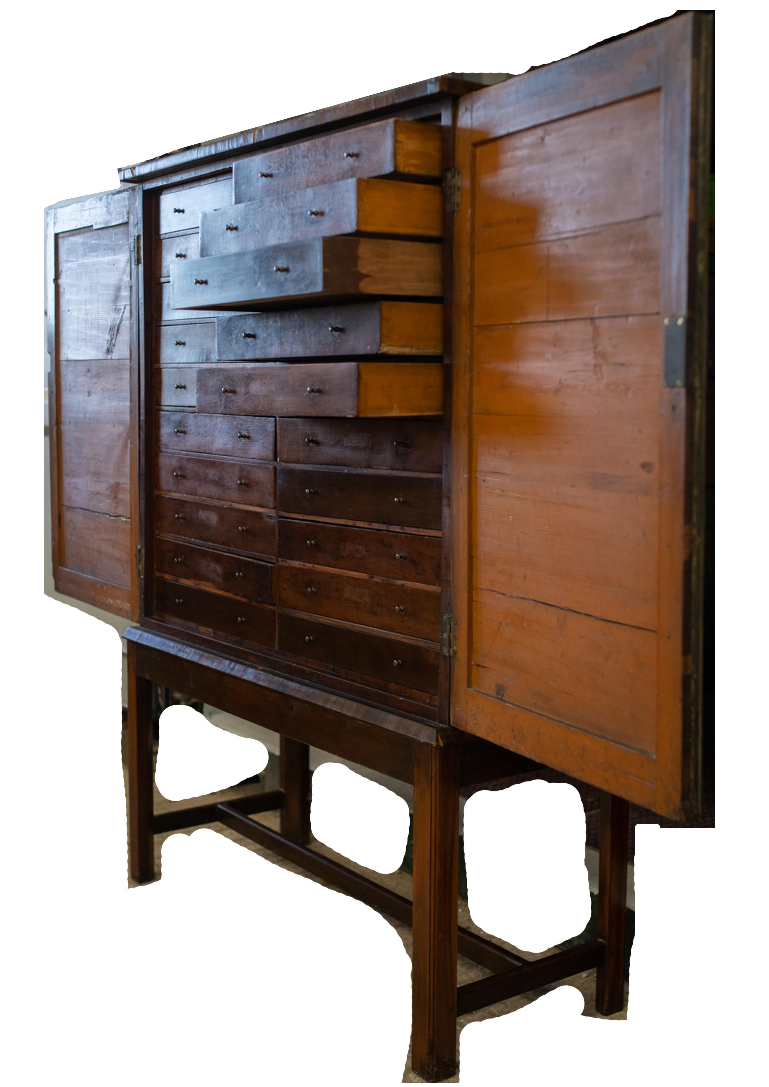 Veneer Rare 18th Century Library Yew Wood Specimen Collectors Cabinet Chest on Stand For Sale