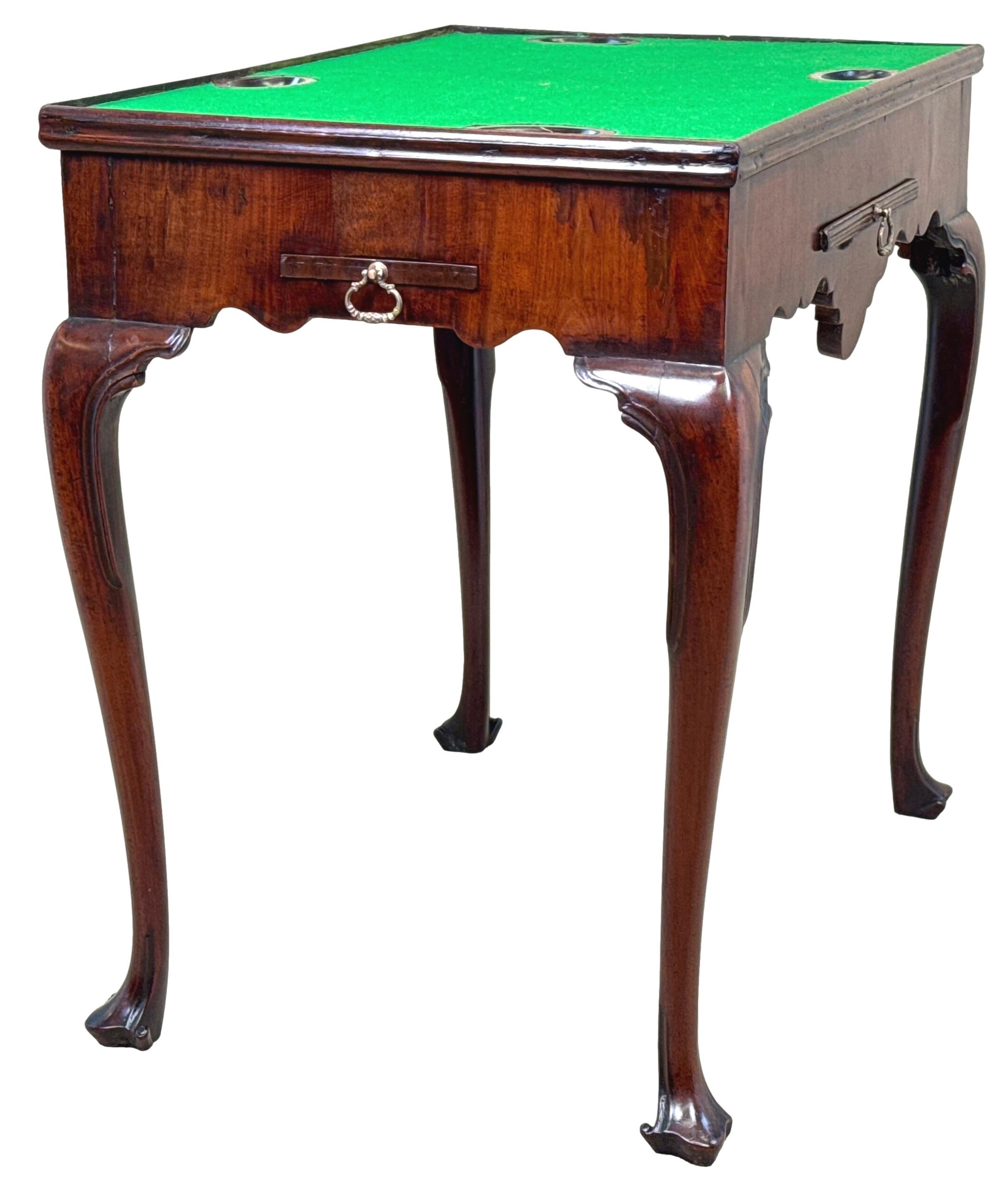 An Extremely Rare 18th Century, George II Period, Mahogany Games Table Having Well Figured Reversible, Rectangular Dished Top, With Wells And Baize To Reverse Side, Enclosing Attractively Inlaid Backgammon Board, The Elegantly Shaped Frieze With A