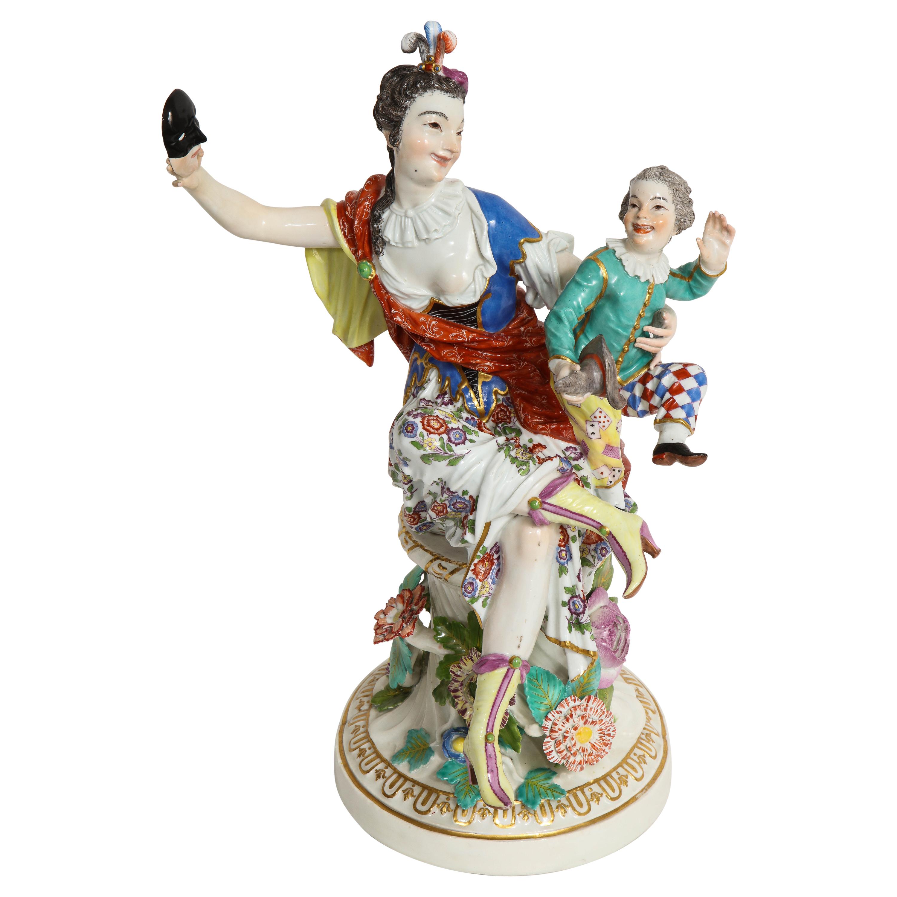 Rare 18th Century Meissen Porcelain Group of a Thalia with a Harlequin Child