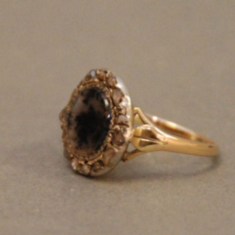 British Rare 18th Century Moss Agate and Diamond Ring