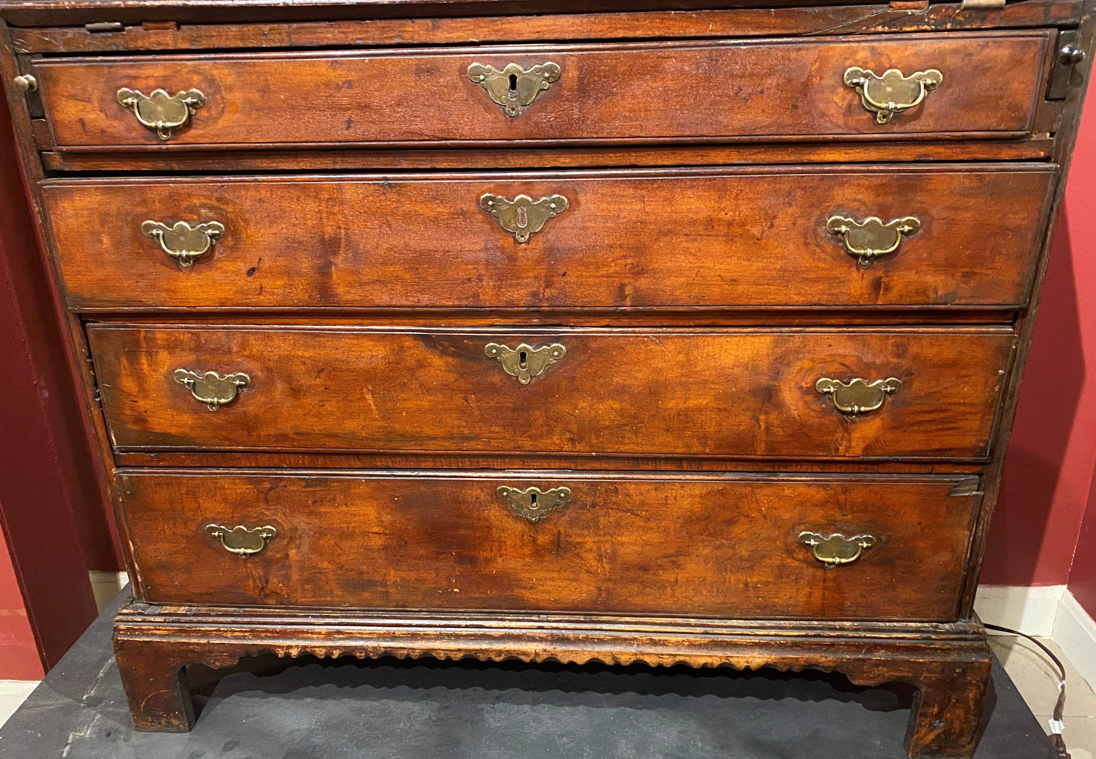 Hand-Carved Rare 18th Century NH Maple Fall Front Desk with Nicely Scalloped Apron