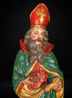 Rare 18th Century Peruvian Colonial Polychromed Wood Sculpture of Saint Urban I