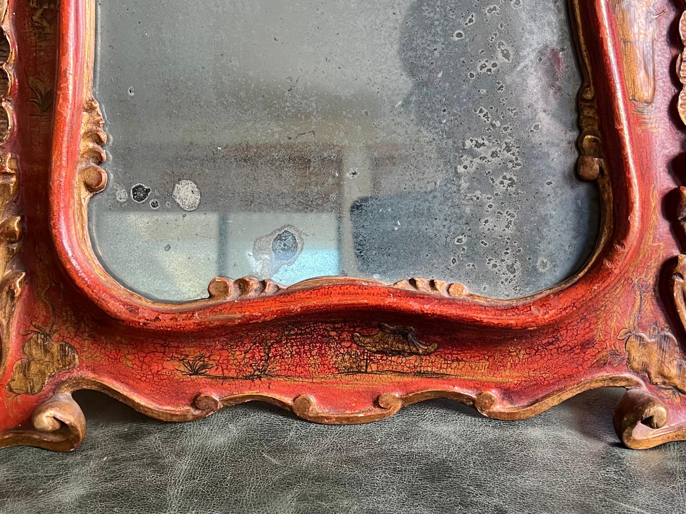 Rare 18th Century Queen Anne Period Red Japanned Mirror with Gilded Cresting 6
