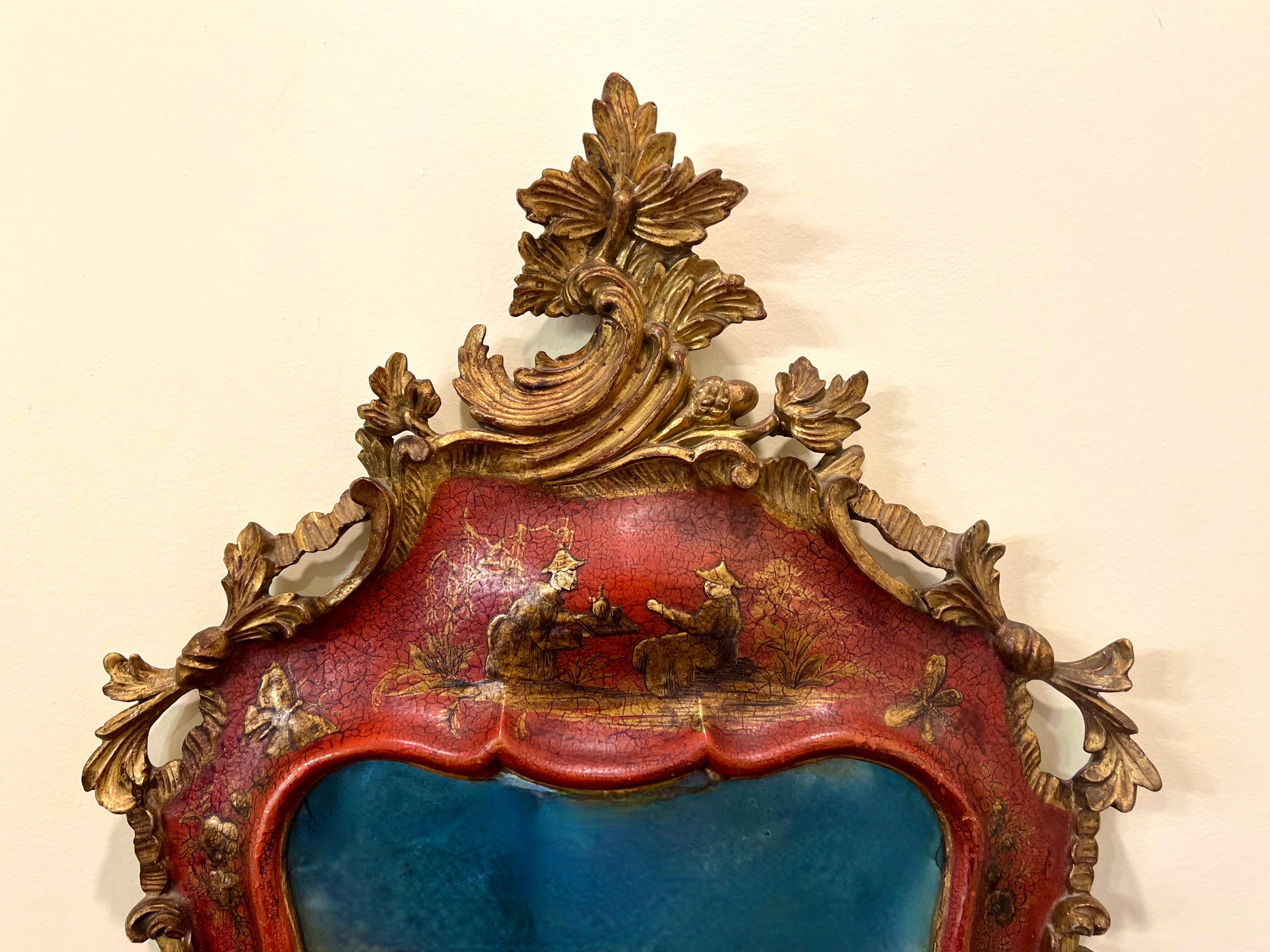 English Rare 18th Century Queen Anne Period Red Japanned Mirror with Gilded Cresting