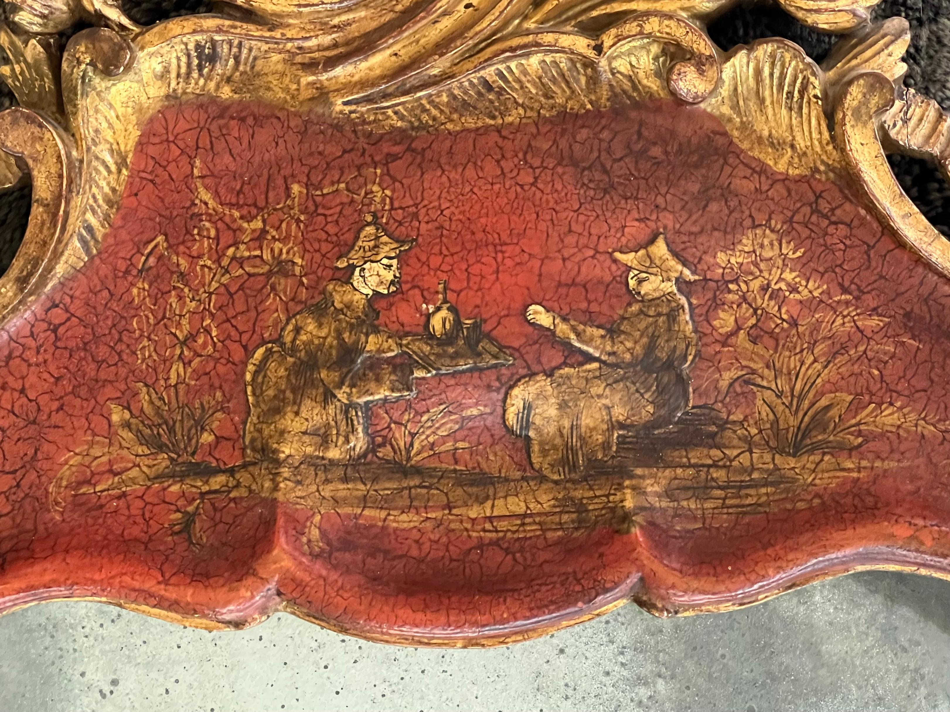 Rare 18th Century Queen Anne Period Red Japanned Mirror with Gilded Cresting In Good Condition In San Francisco, CA