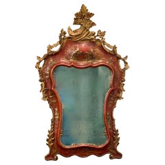 Rare 18th Century Queen Anne Period Red Japanned Mirror with Gilded Cresting