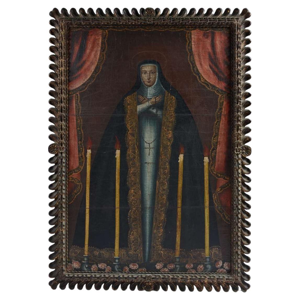 Raro dipinto coloniale spagnolo del XVIII secolo - Monaca con iconografia Memento Mori