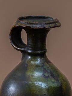 Rare 18th Century Tamegroute Green Glazed Oil Jug: Antique Moroccan Pottery