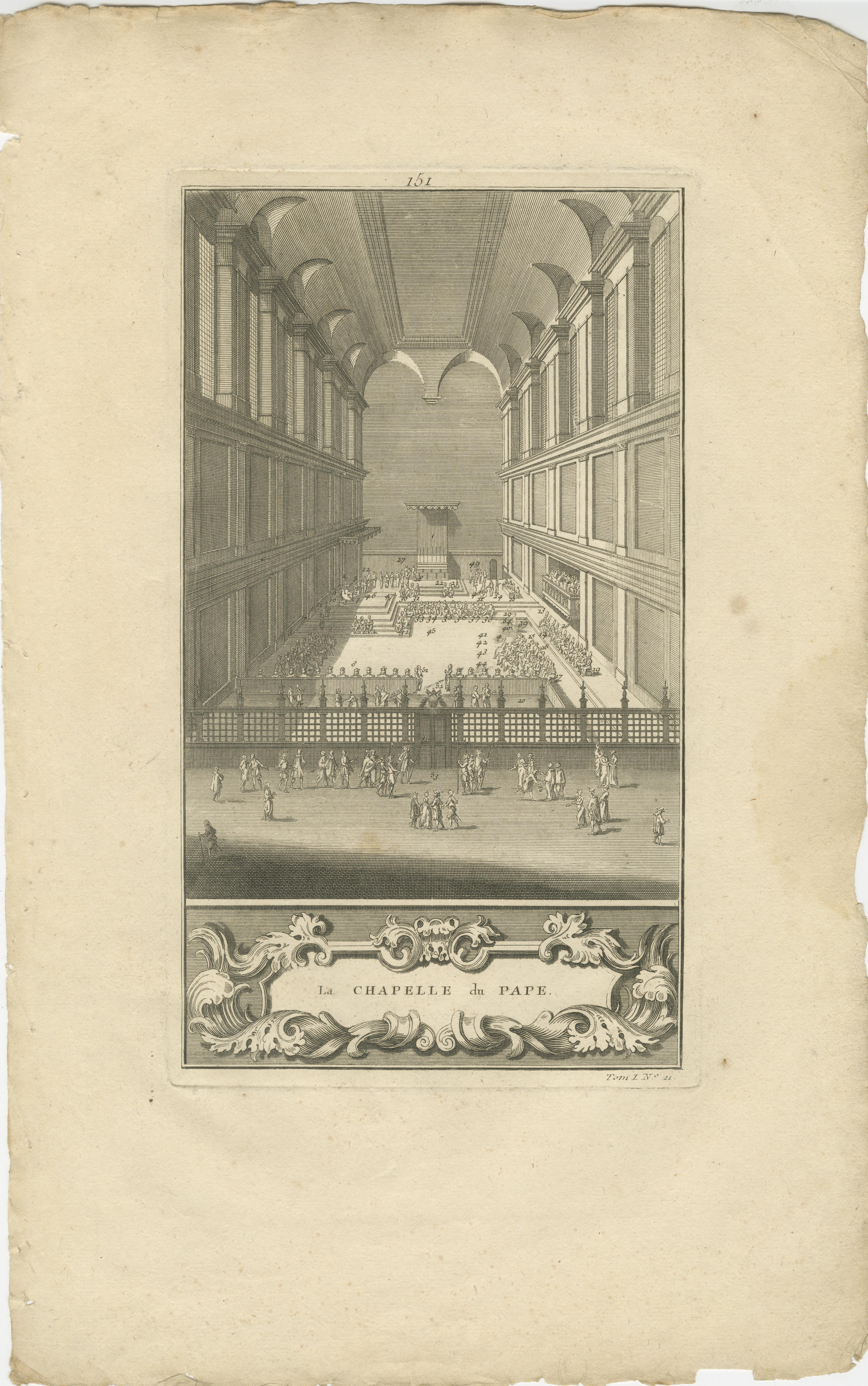 Titre : Vue intérieure de la chapelle du pape, gravée par Bernard Picart, 1734

Description :
Cette gravure sur cuivre finement détaillée intitulée 