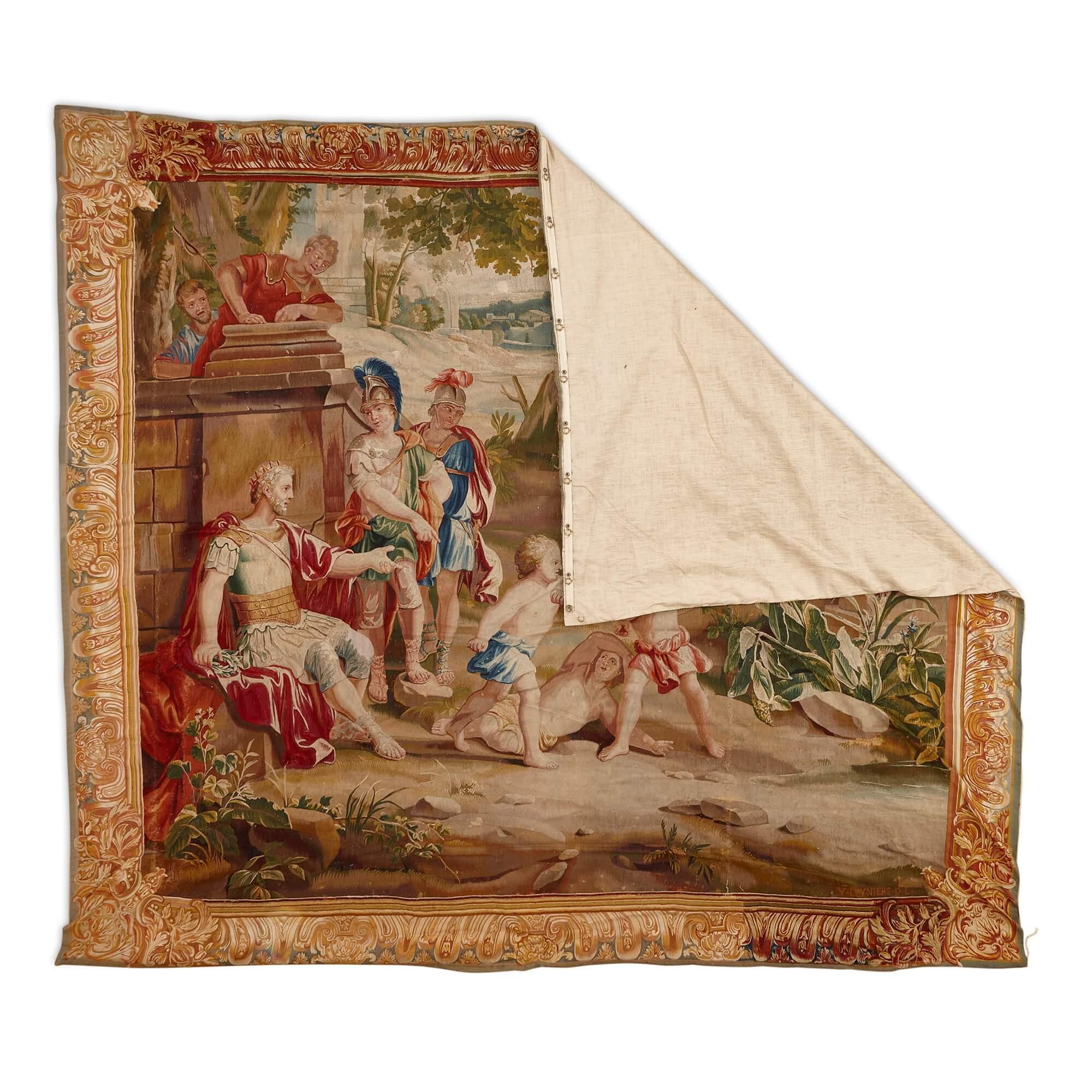 Rare 18th century wool and silk tapestry by Leyniers 
Belgian, 18th Century 
Length 247cm, width 283cm

Beautifully executed and vibrantly coloured, this large tapestry was made in 18th century Brussels by Urbanus (1674-1747) and Daniel III