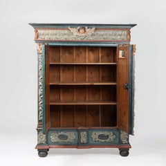 Rare 18th Ctr. Baroque Tyrolean Cabinet with Orig. Paint & Carved Cherubs