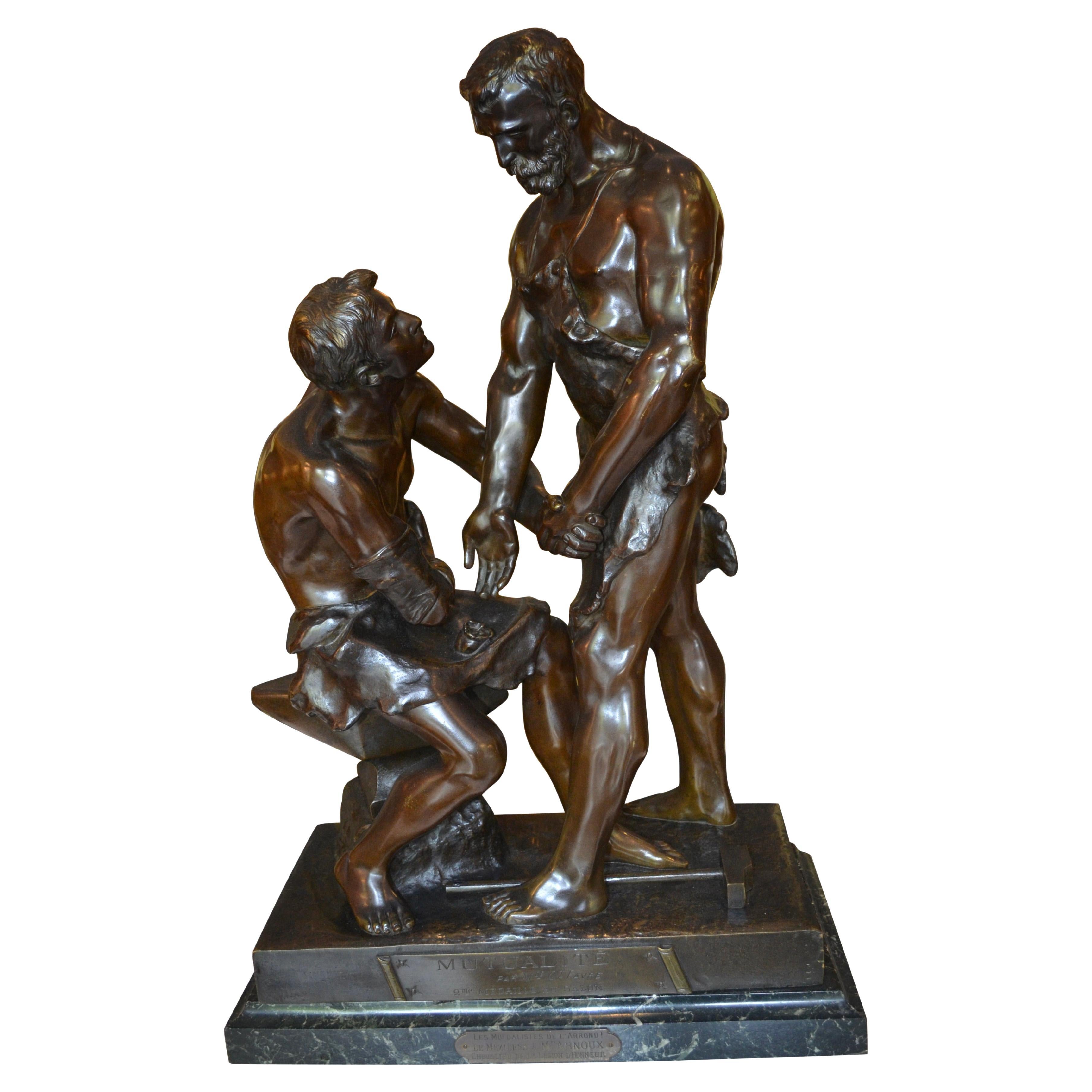 Rare 19 Century Bronze Statue Titled "Mutualite" by Maurice Constant Favre