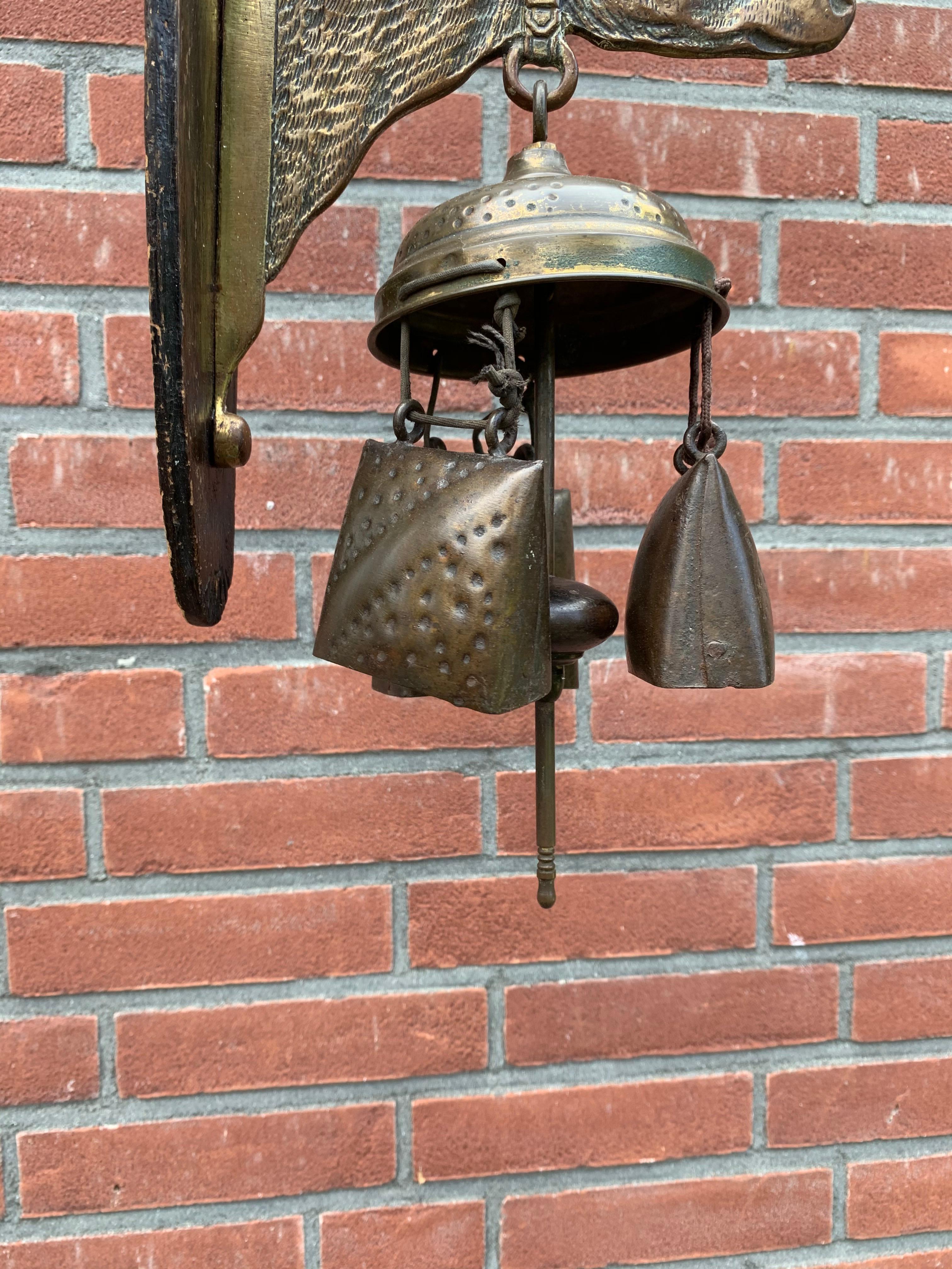 Rare 1900s Bronze & Oak, Arts & Crafts House Gong for Wall Mounting w. Cow Bells 2