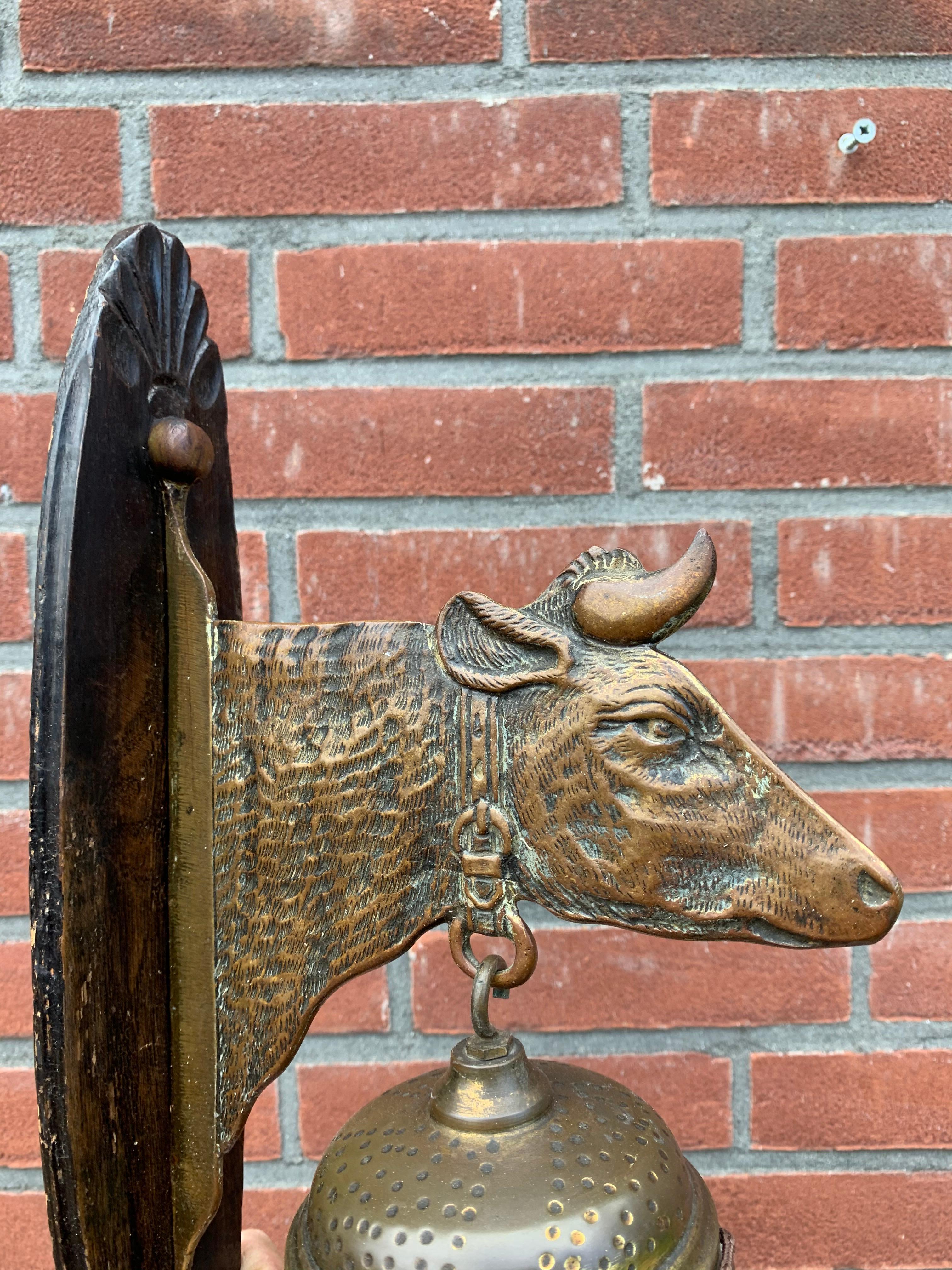 European Rare 1900s Bronze & Oak, Arts & Crafts House Gong for Wall Mounting w. Cow Bells