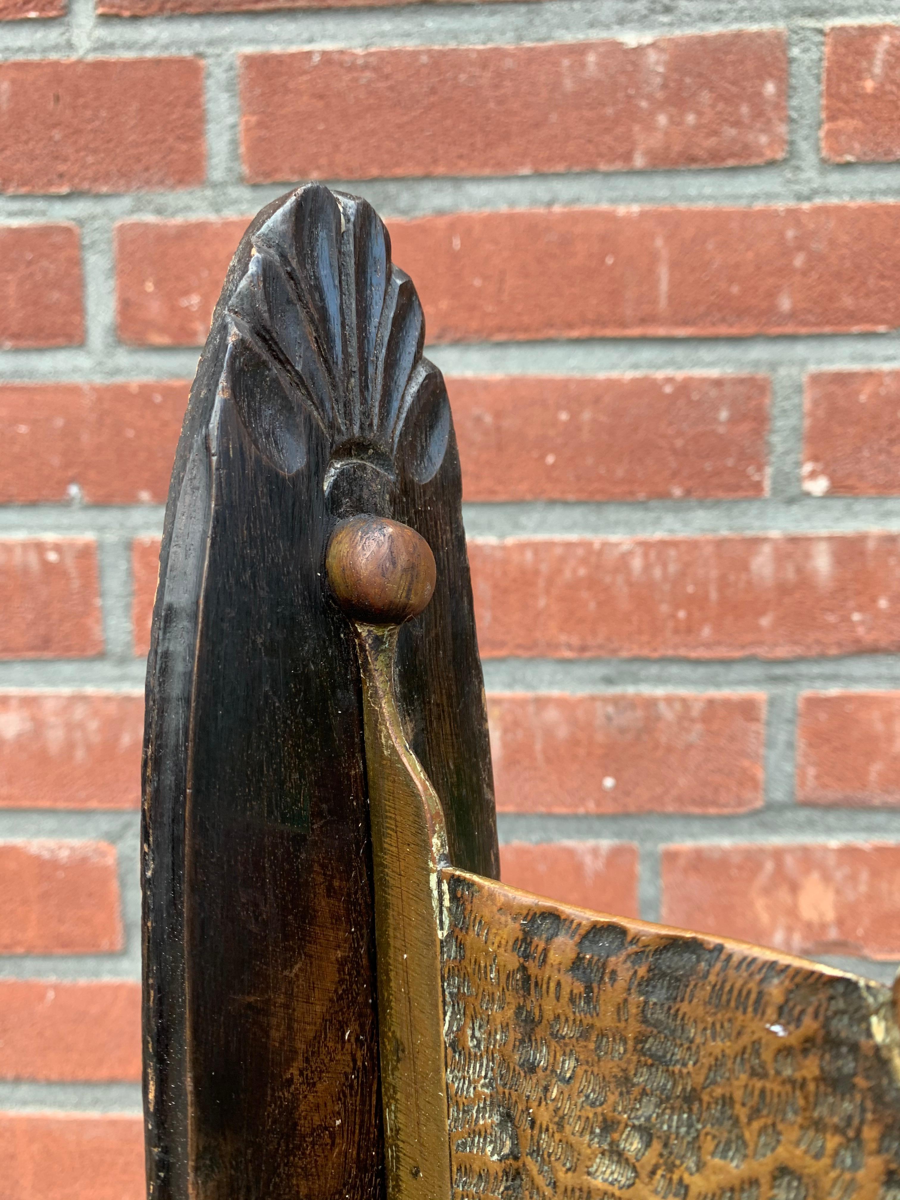 Hand-Carved Rare 1900s Bronze & Oak, Arts & Crafts House Gong for Wall Mounting w. Cow Bells