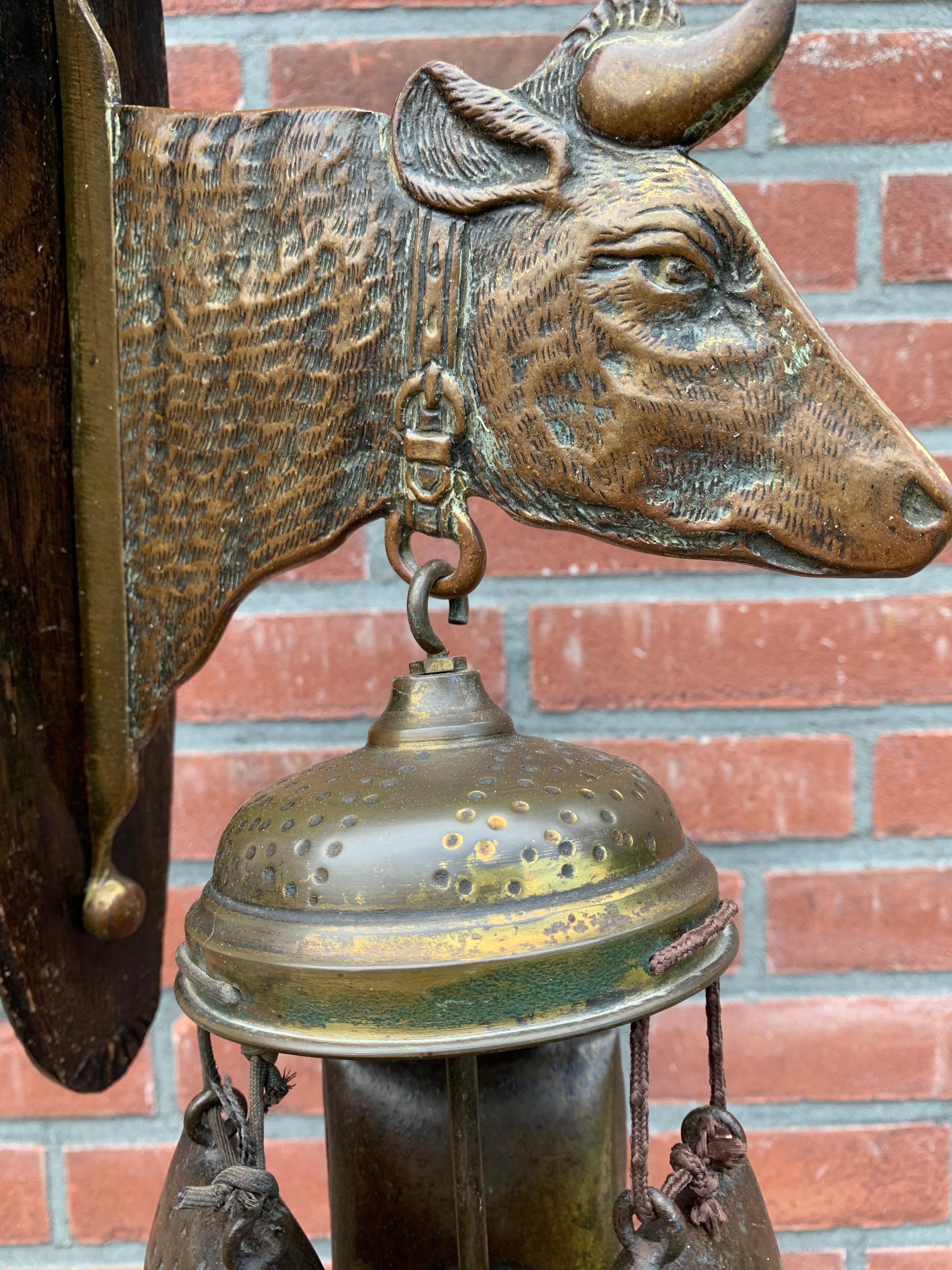 20th Century Rare 1900s Bronze & Oak, Arts & Crafts House Gong for Wall Mounting w. Cow Bells