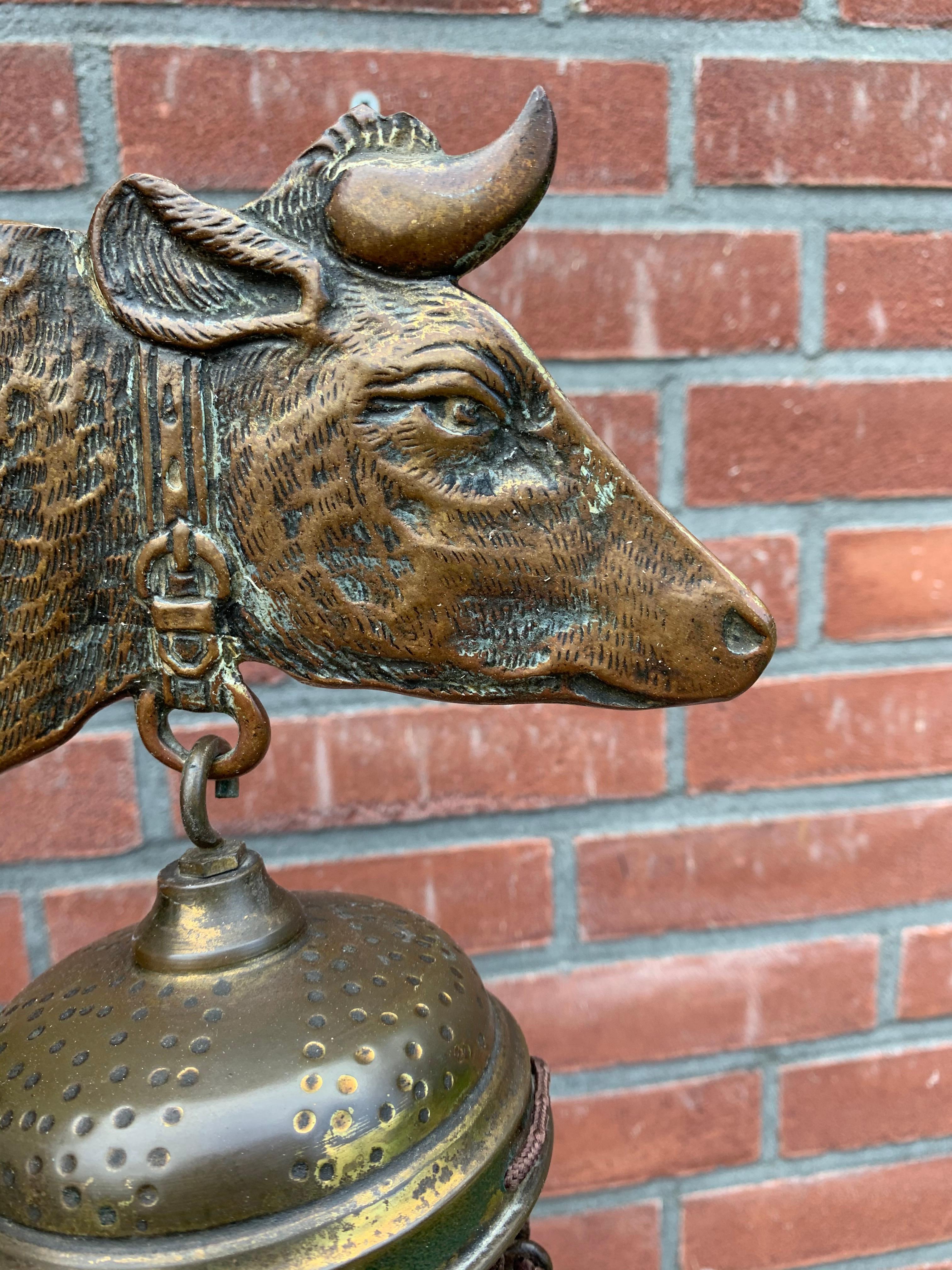 Brass Rare 1900s Bronze & Oak, Arts & Crafts House Gong for Wall Mounting w. Cow Bells