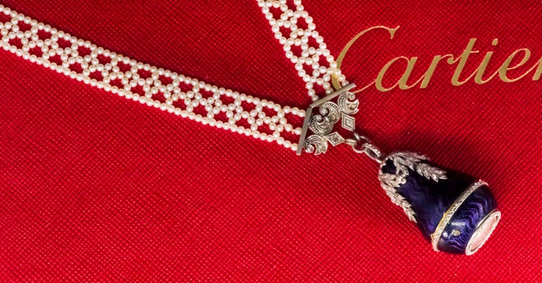 Belle Époque  1900s Cartier Platinum Diamond Enamel Bell form Pendant Watch with Necklace