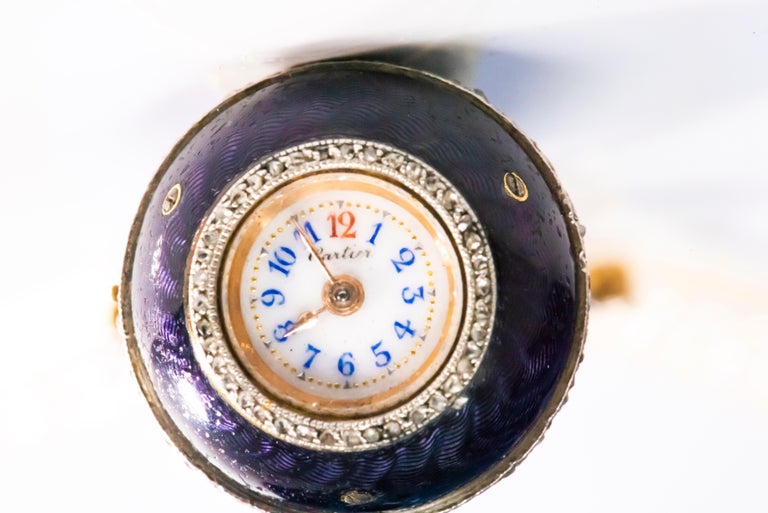  1900s Cartier Platinum Diamond Enamel Bell form Pendant Watch with Necklace 3