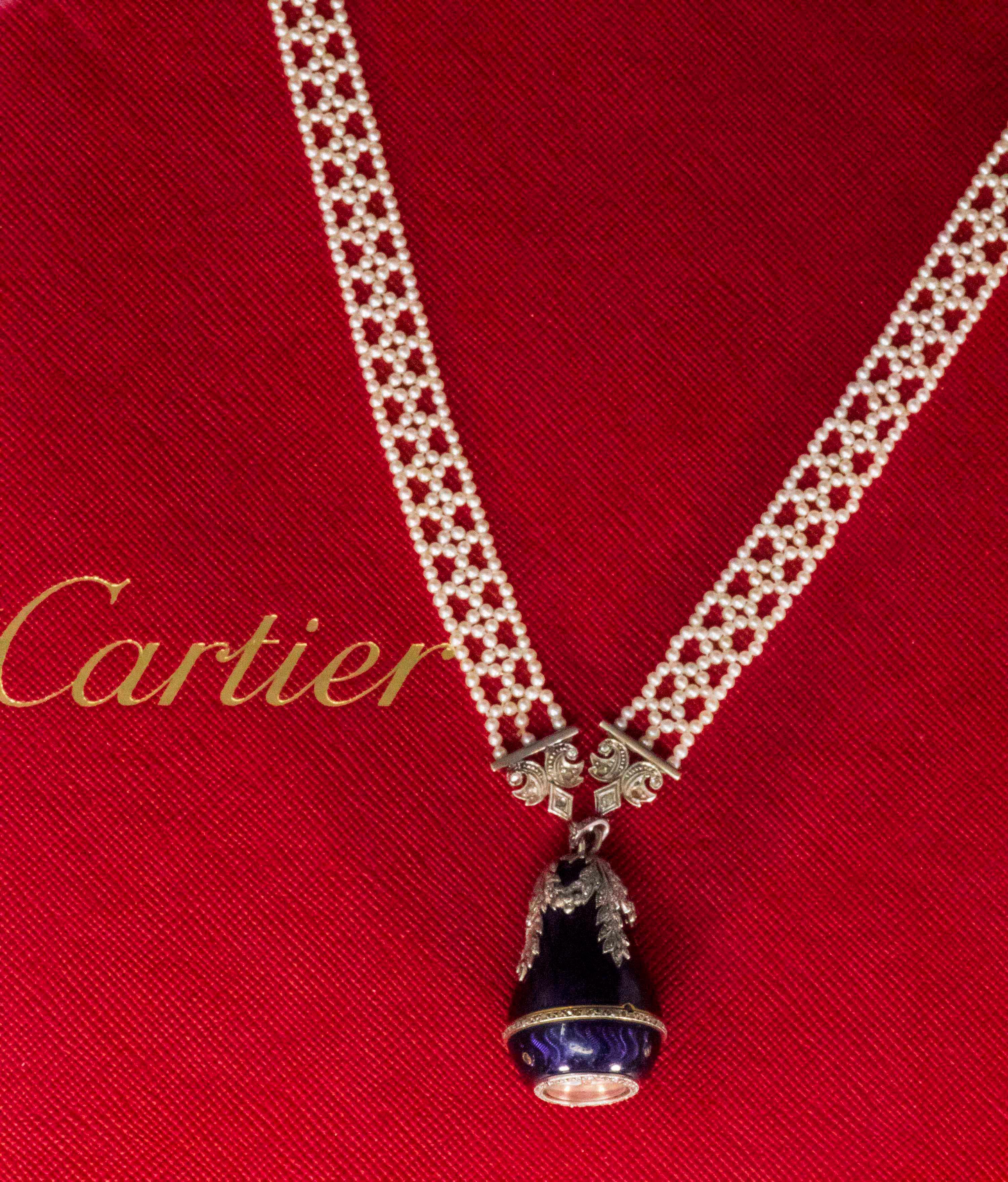  1900s Cartier Platinum Diamond Enamel Bell form Pendant Watch with Necklace 4