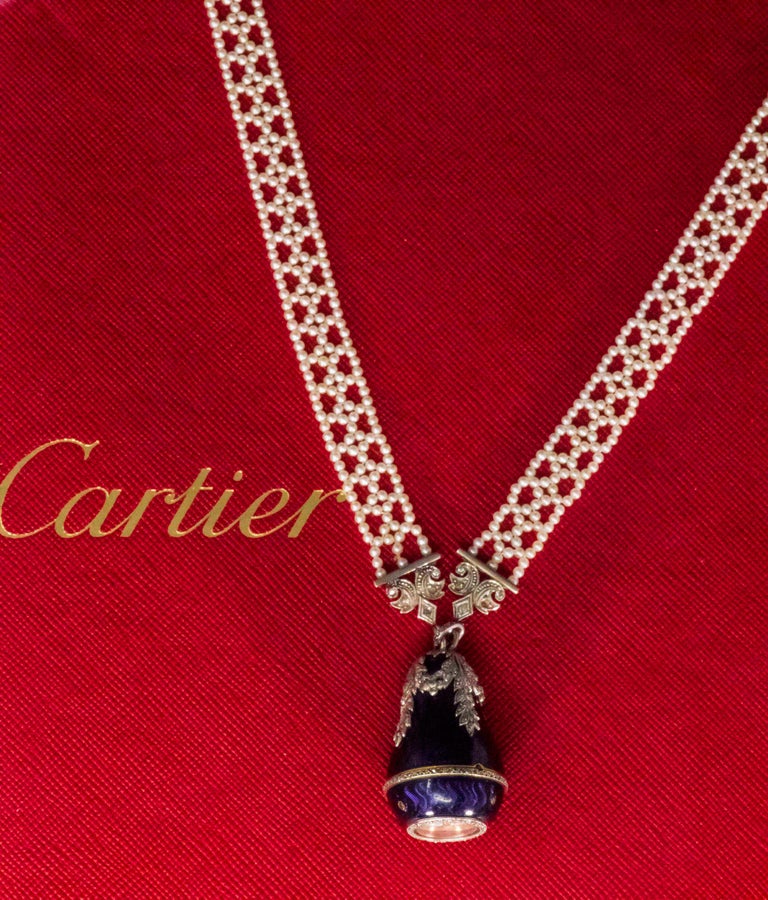  1900s Cartier Platinum Diamond Enamel Bell form Pendant Watch with Necklace 7