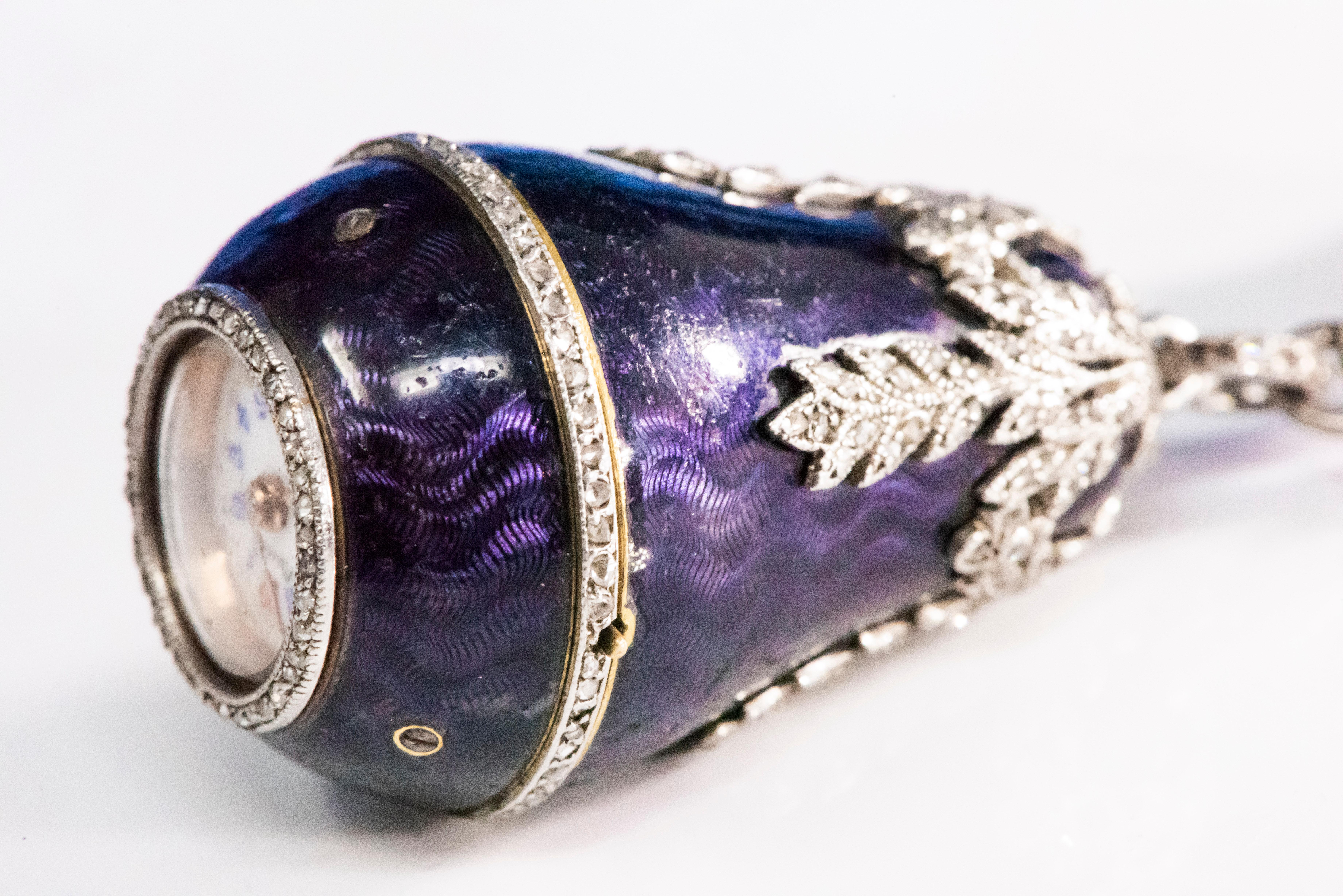 1900s Cartier Platinum Diamond Enamel Bell form Pendant Watch with Necklace 2