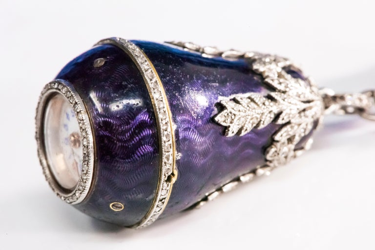  1900s Cartier Platinum Diamond Enamel Bell form Pendant Watch with Necklace 5
