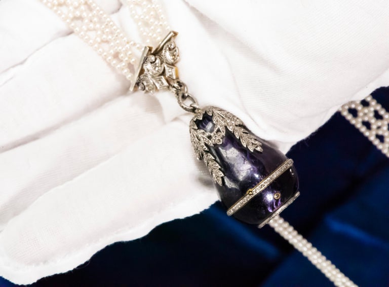 Women's  1900s Cartier Platinum Diamond Enamel Bell form Pendant Watch with Necklace