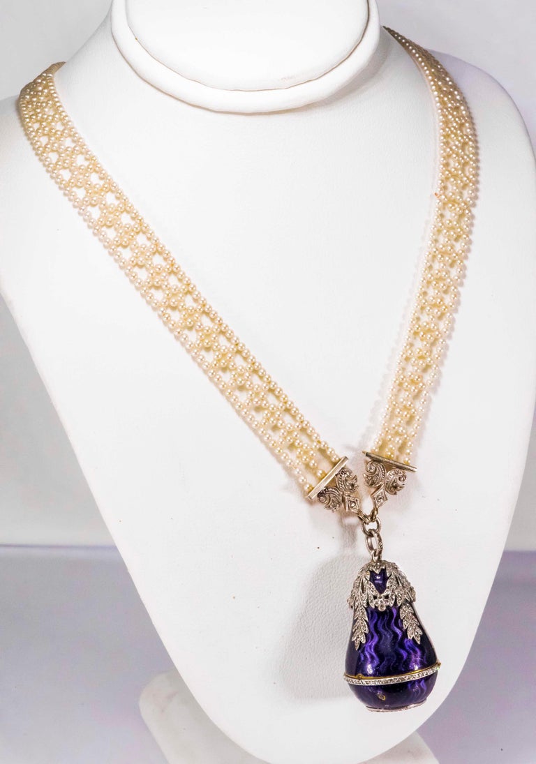Round Cut  1900s Cartier Platinum Diamond Enamel Bell form Pendant Watch with Necklace