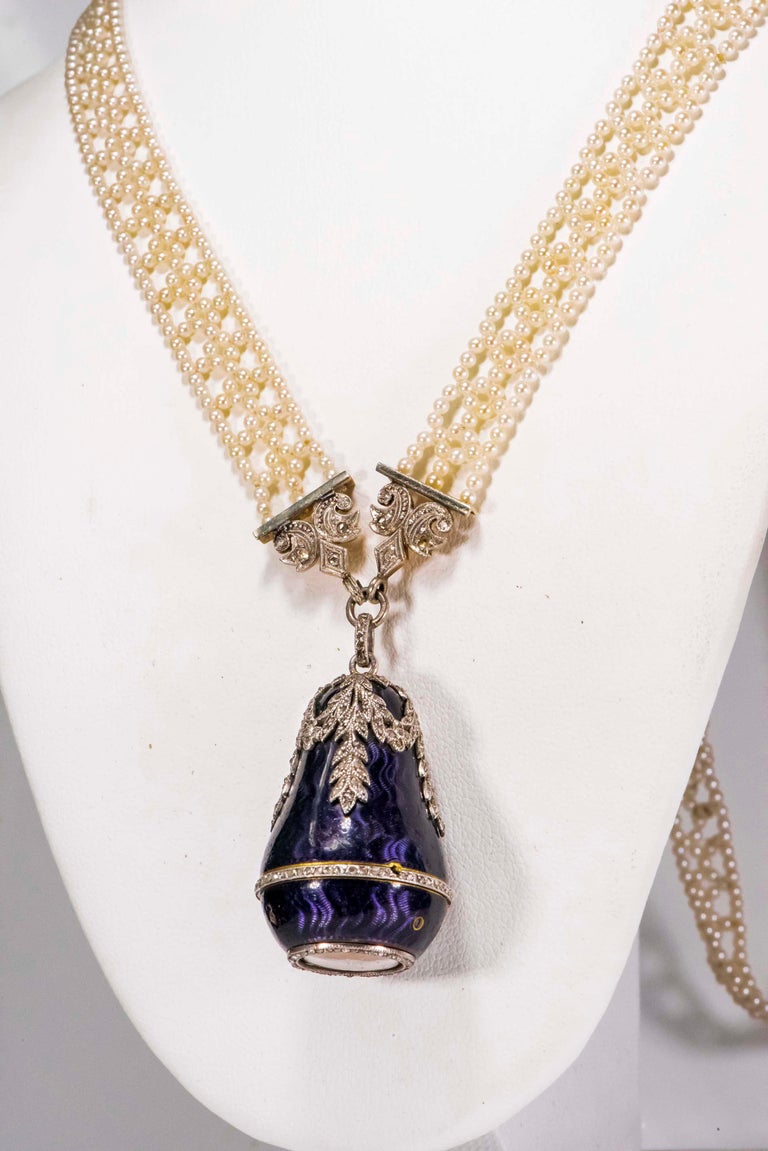  1900s Cartier Platinum Diamond Enamel Bell form Pendant Watch with Necklace In Excellent Condition In New york, NY