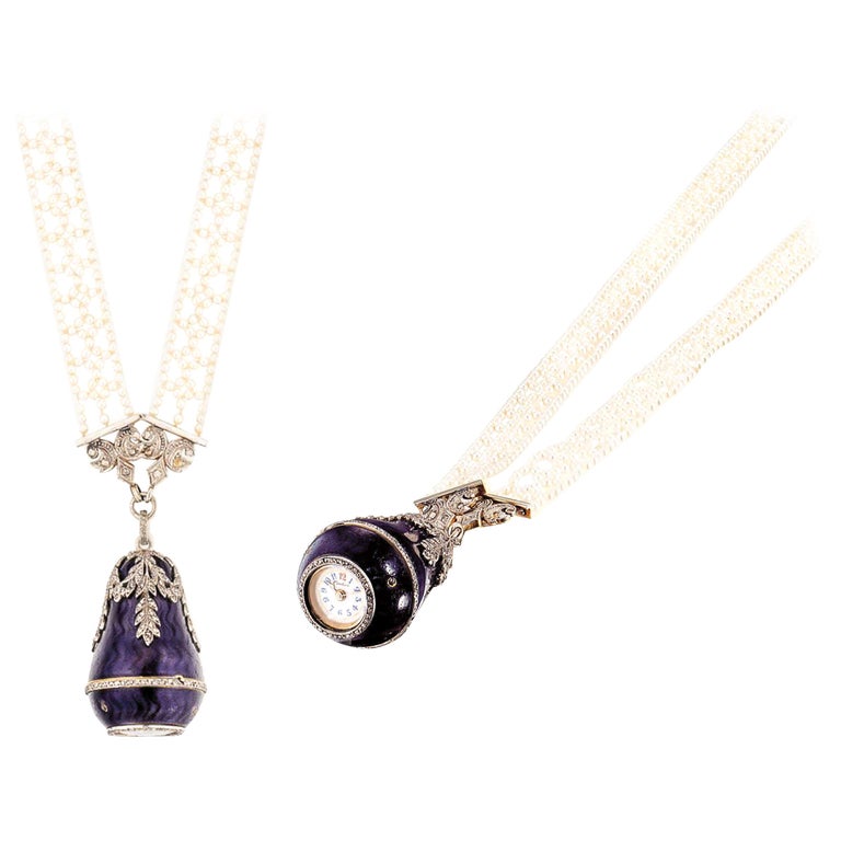  1900s Cartier Platinum Diamond Enamel Bell form Pendant Watch with Necklace