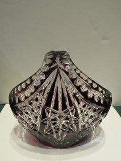 RARE 1900s Large Handcut Heavy Etched Diamond Cut Amethyst Crystal Basket
