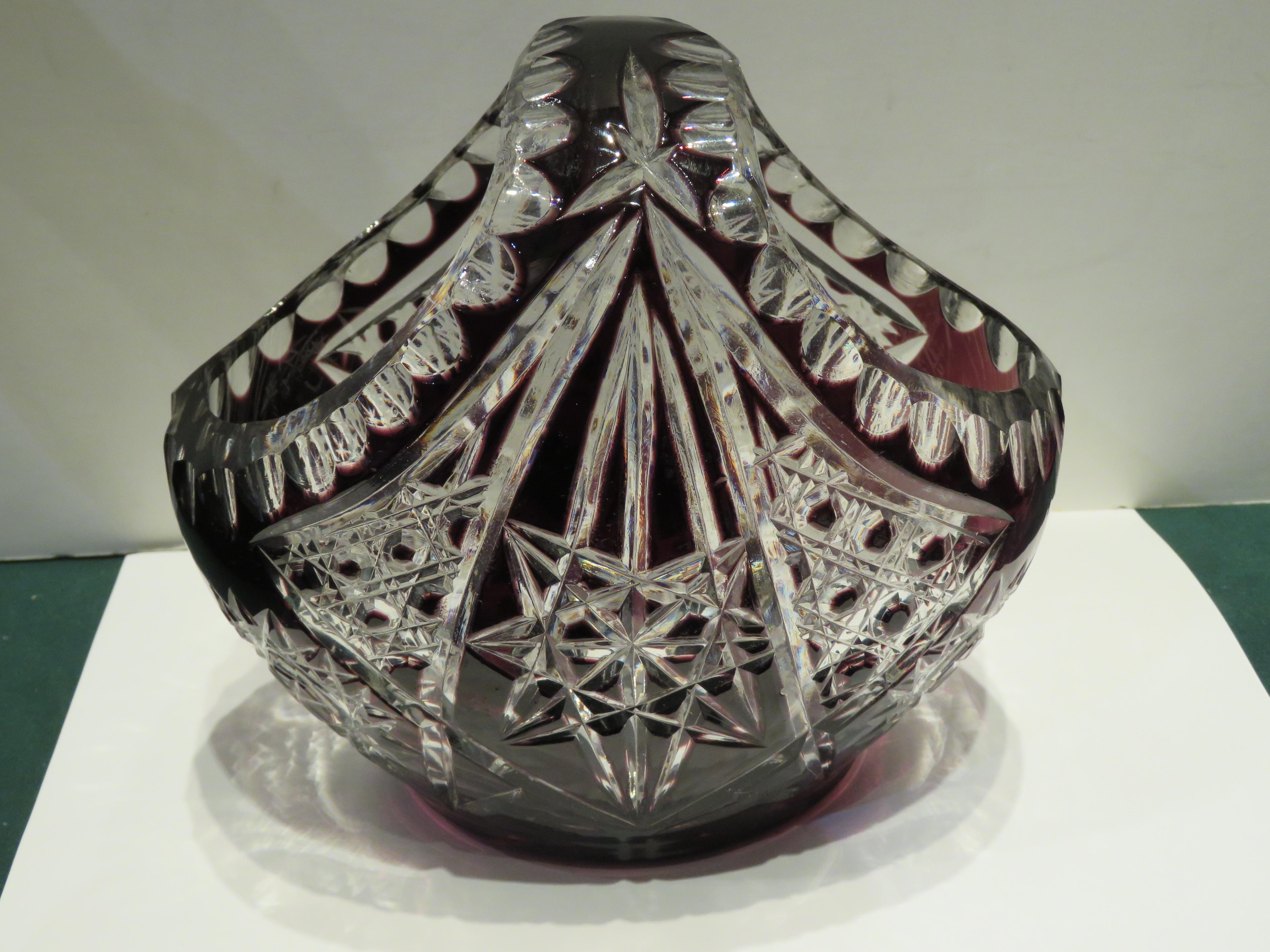 20th Century RARE 1900s Large Handcut Heavy Etched Diamond Cut Amethyst Crystal Basket For Sale