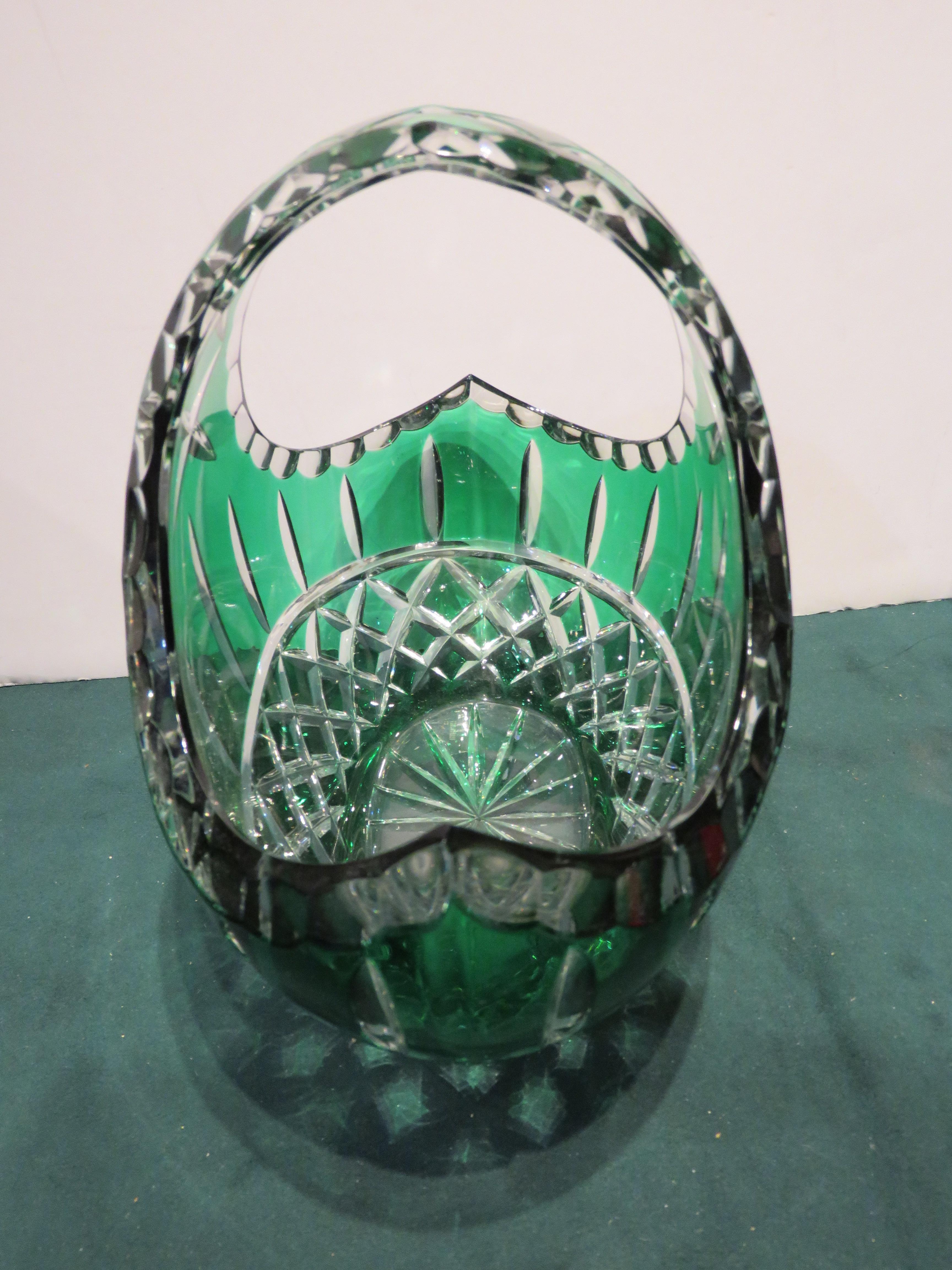 French RARE 1900s Large Handcut Heavy Etched Diamond Cut Emerald Crystal Basket For Sale