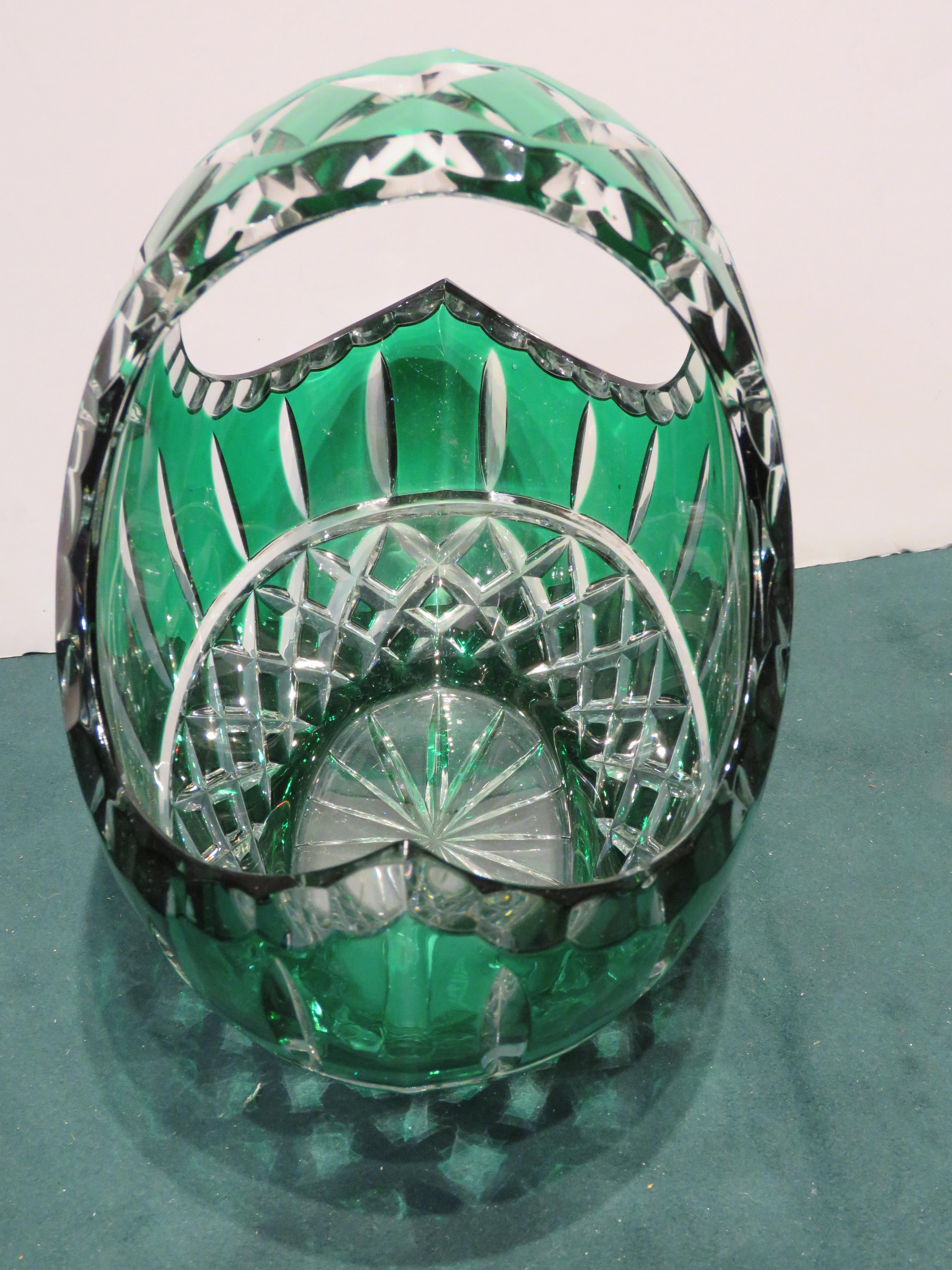 20th Century RARE 1900s Large Handcut Heavy Etched Diamond Cut Emerald Crystal Basket For Sale