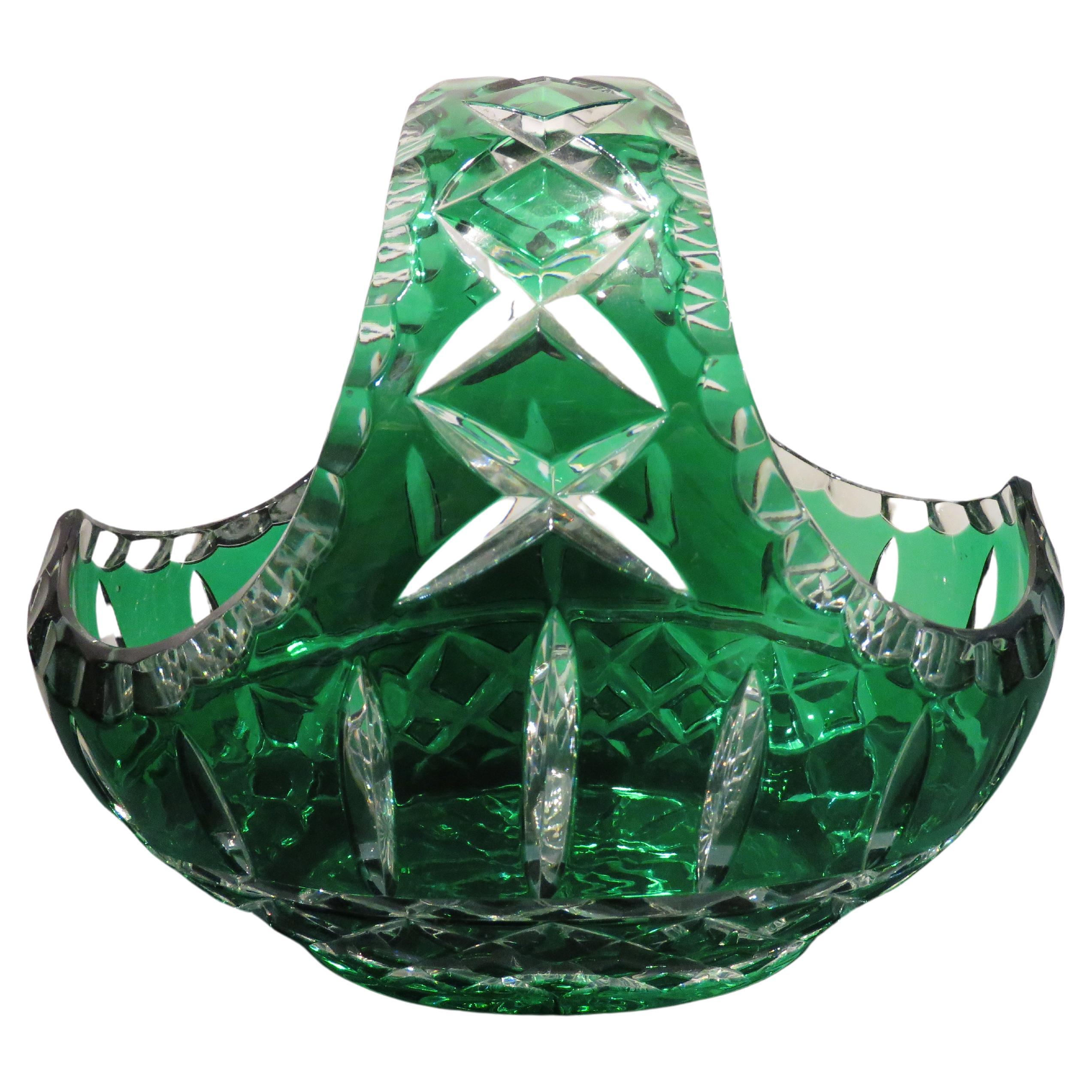 RARE 1900s Large Handcut Heavy Etched Diamond Cut Emerald Crystal Basket For Sale