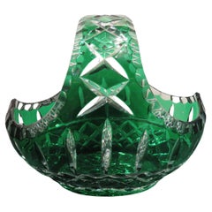 RARE 1900s Large Handcut Heavy Etched Diamond Cut Emerald Crystal Basket