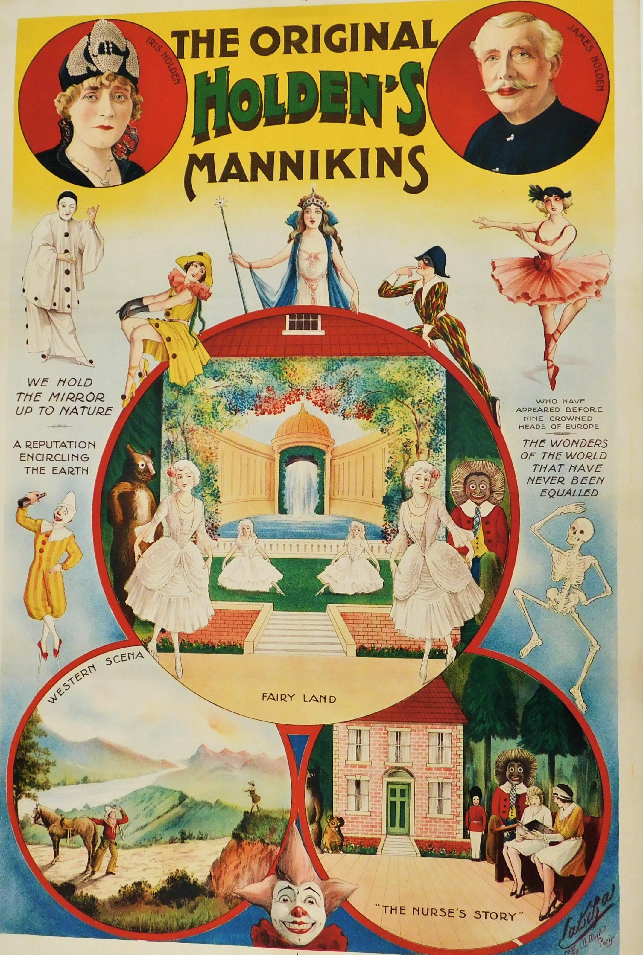 Affiche de scène théâtrale originale des années 1890 à dos de lin - Holden's Mannikins en vente 8