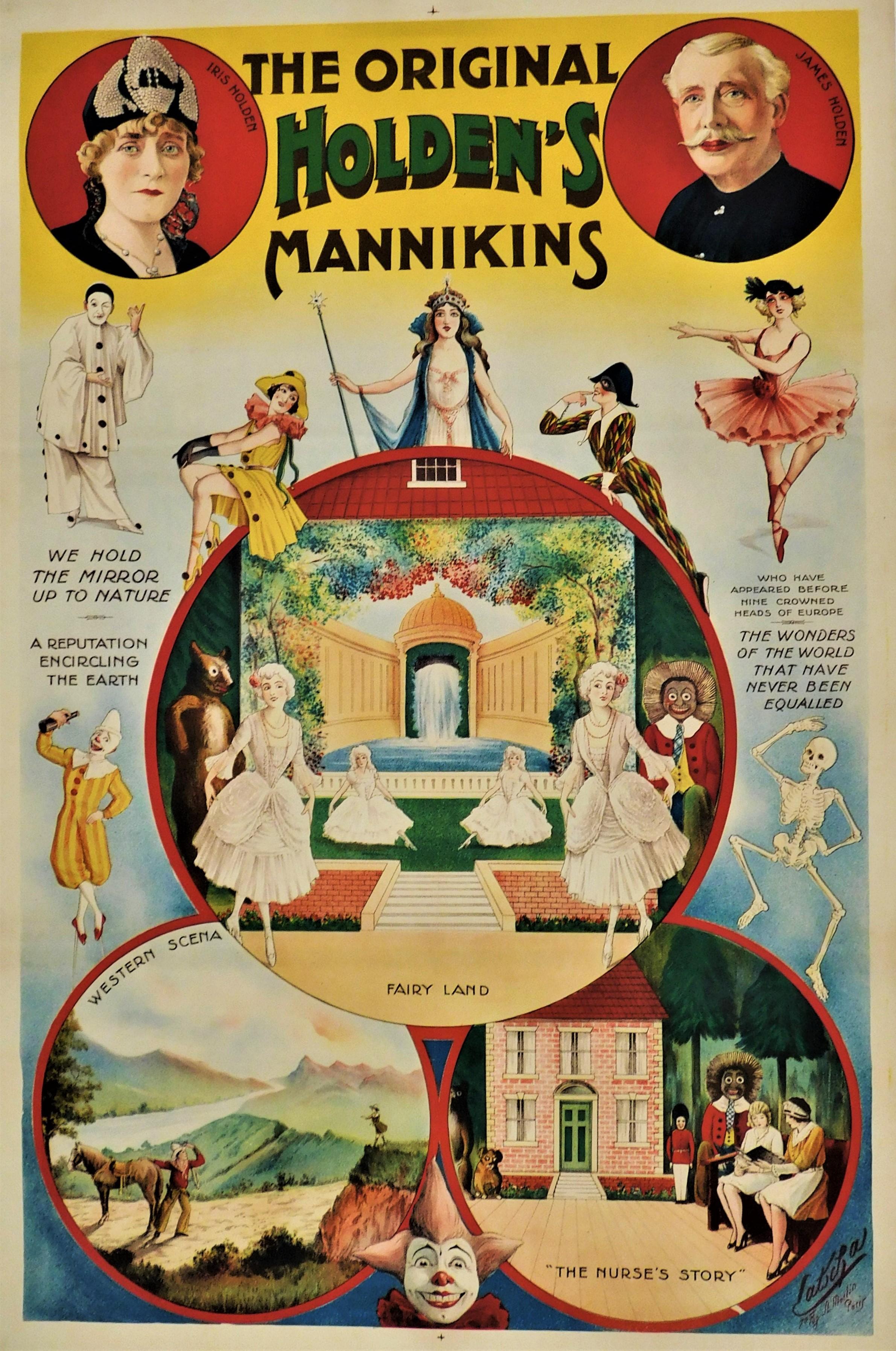 Victorian Original 1890’s Linen Backed Theatrical Stage Poster Holden's Mannikins For Sale