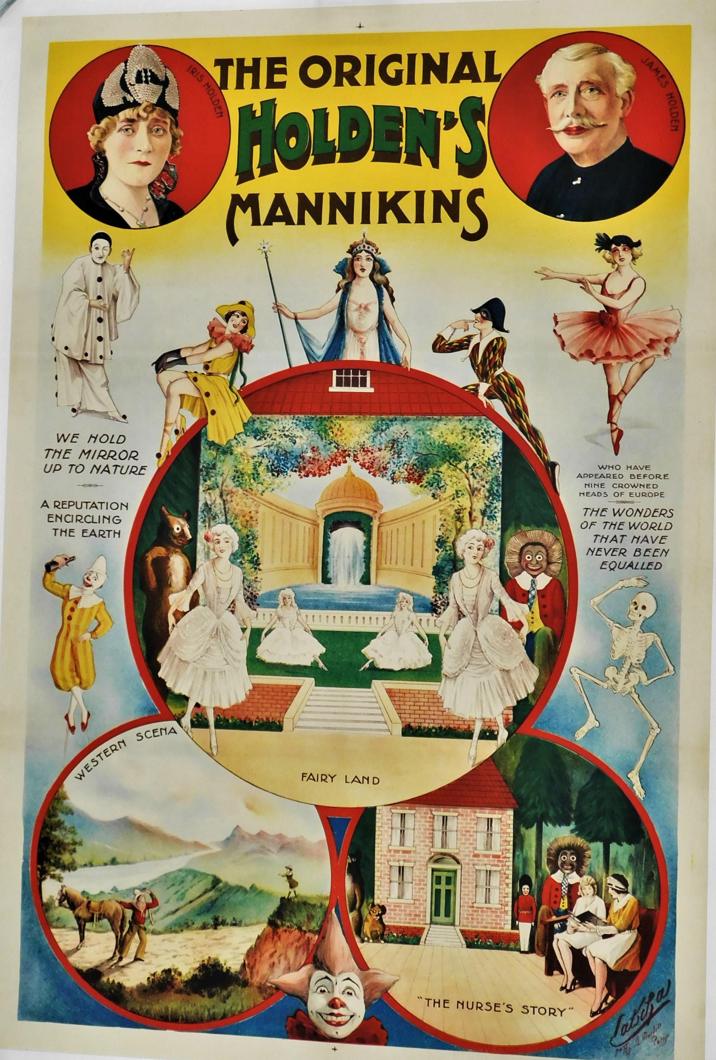 Paper Original 1890’s Linen Backed Theatrical Stage Poster Holden's Mannikins For Sale